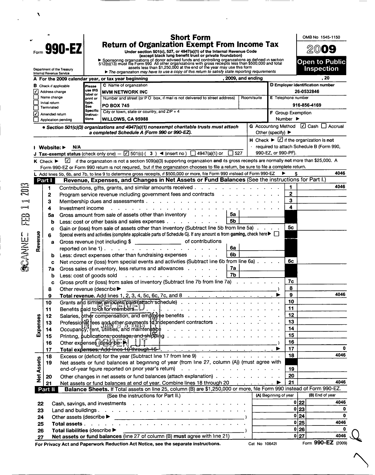 Image of first page of 2009 Form 990EZ for MVM Network