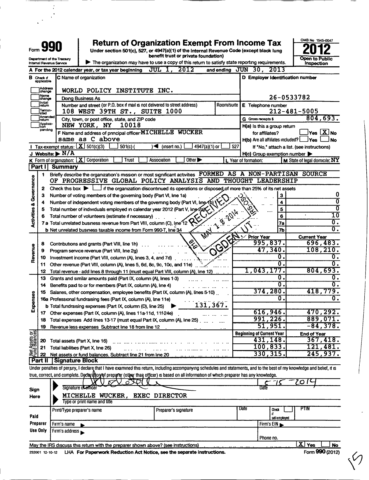 Image of first page of 2012 Form 990 for World Policy Institute