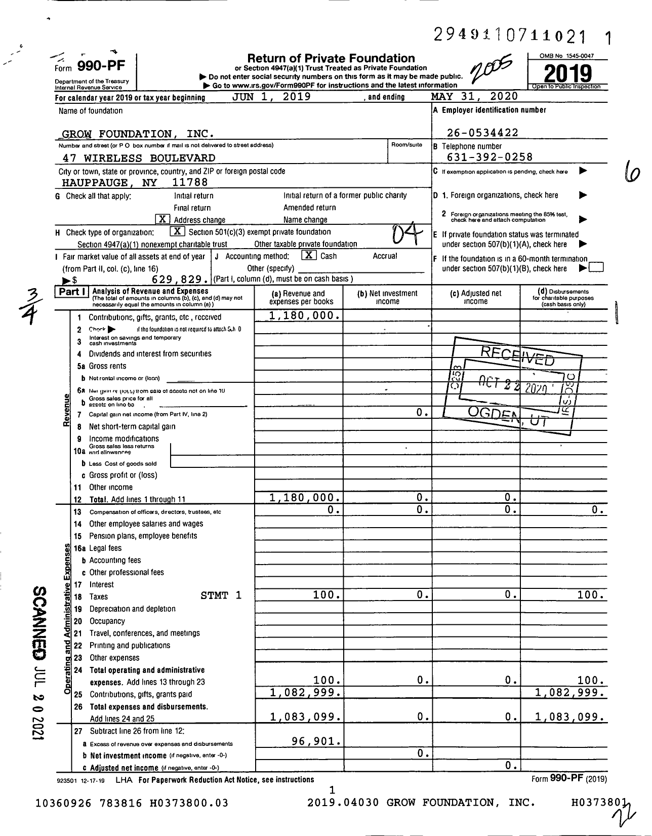 Image of first page of 2019 Form 990PF for Grow Foundation