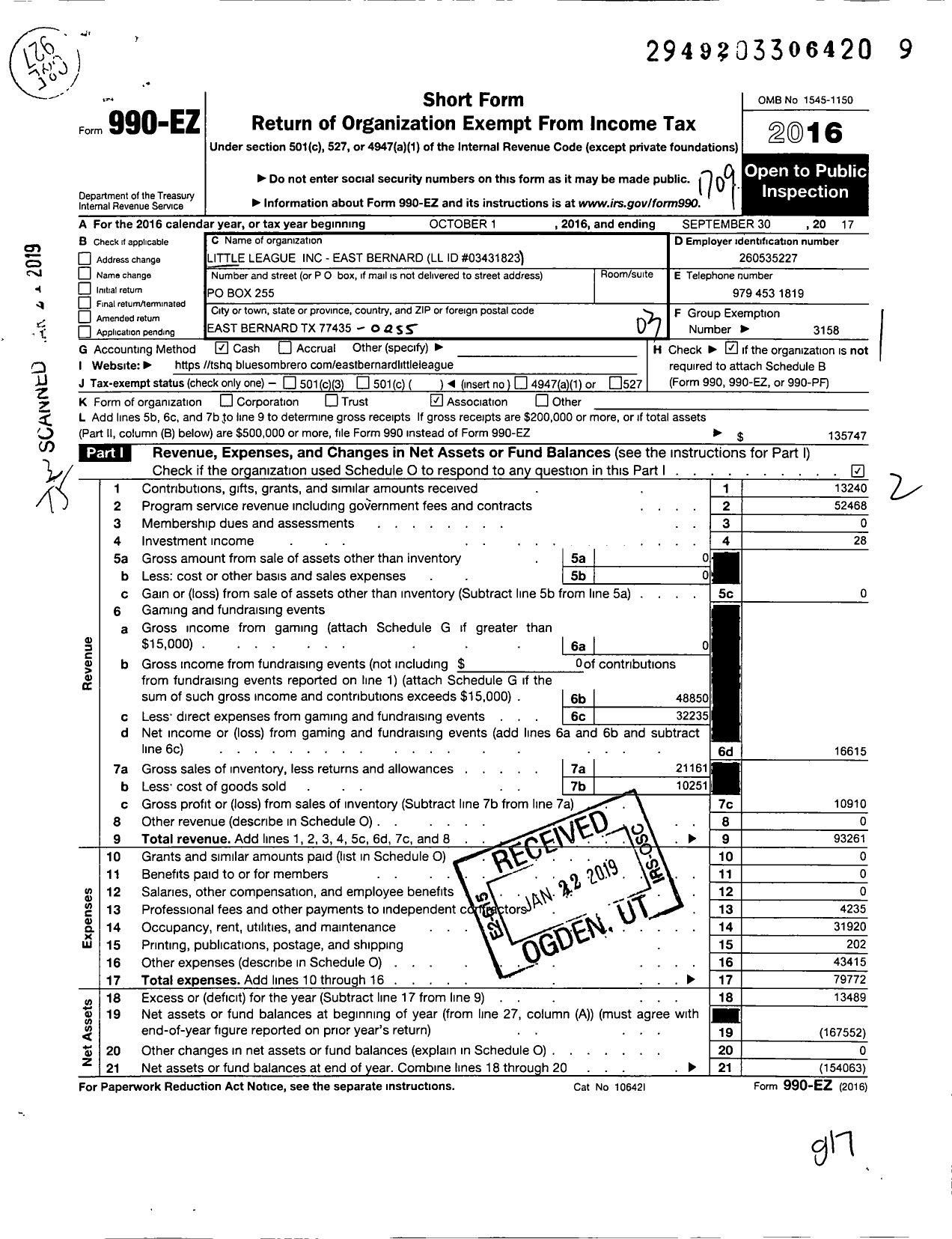 Image of first page of 2016 Form 990EZ for Little League Baseball - 3431823 East Bernard LL