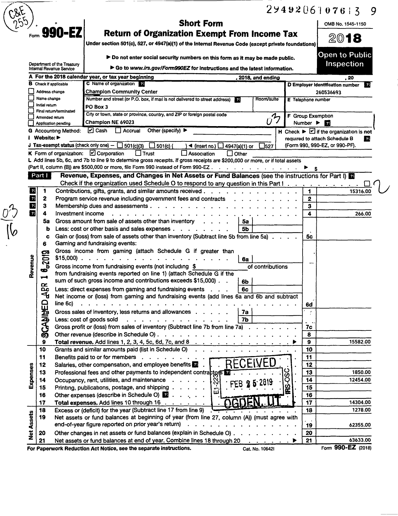 Image of first page of 2018 Form 990EZ for Champion Community Center