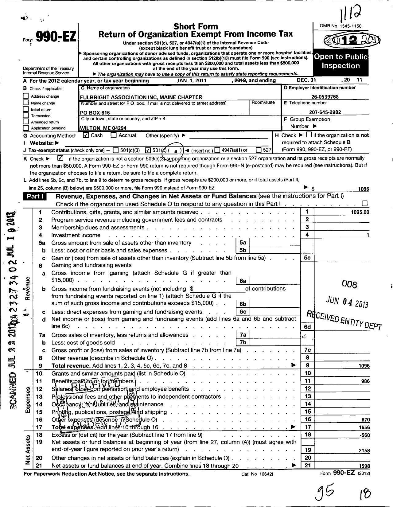 Image of first page of 2011 Form 990EO for Fulbright Association / Maine Chapter