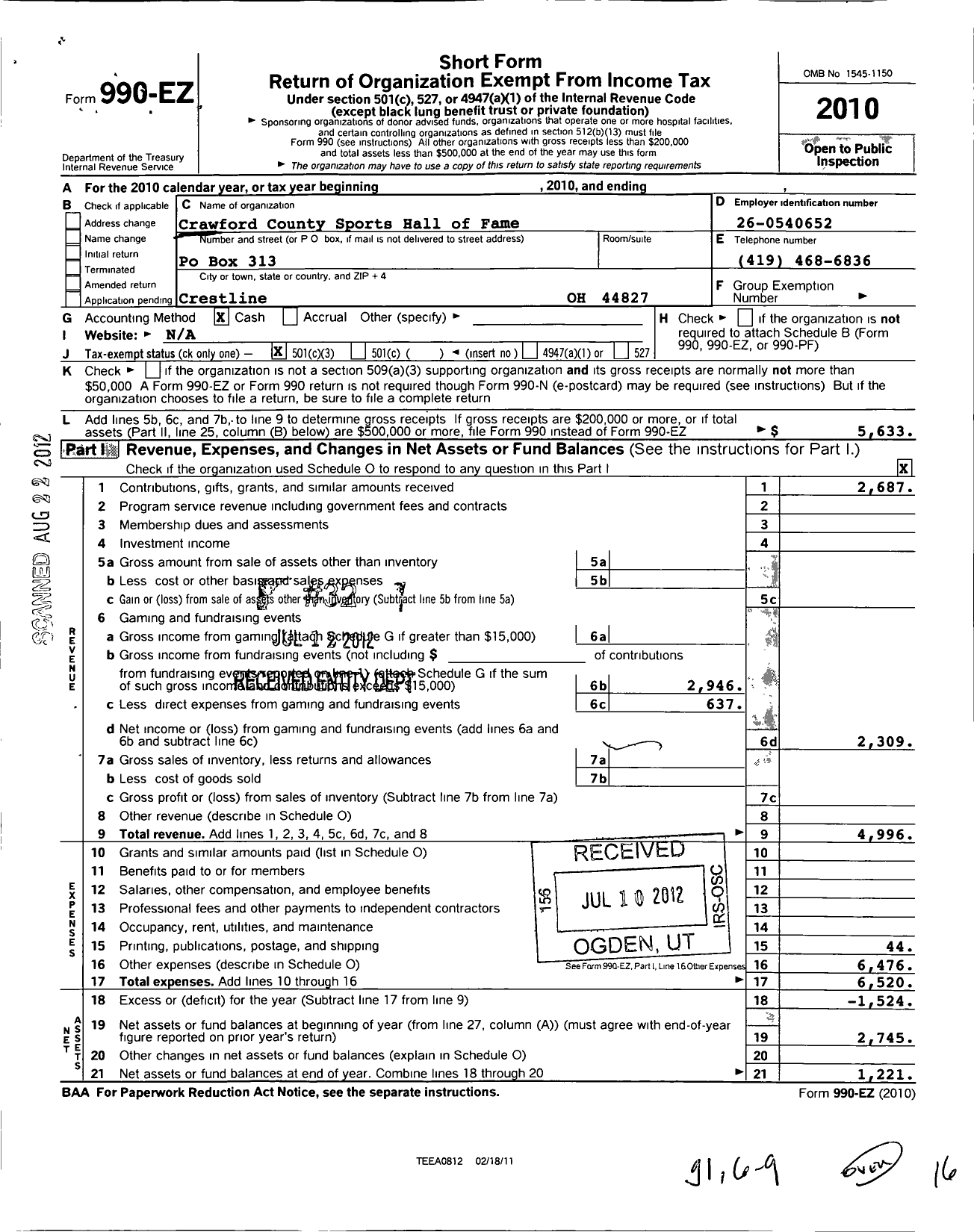 Image of first page of 2010 Form 990EZ for Crawford County Sports Hall of Fame