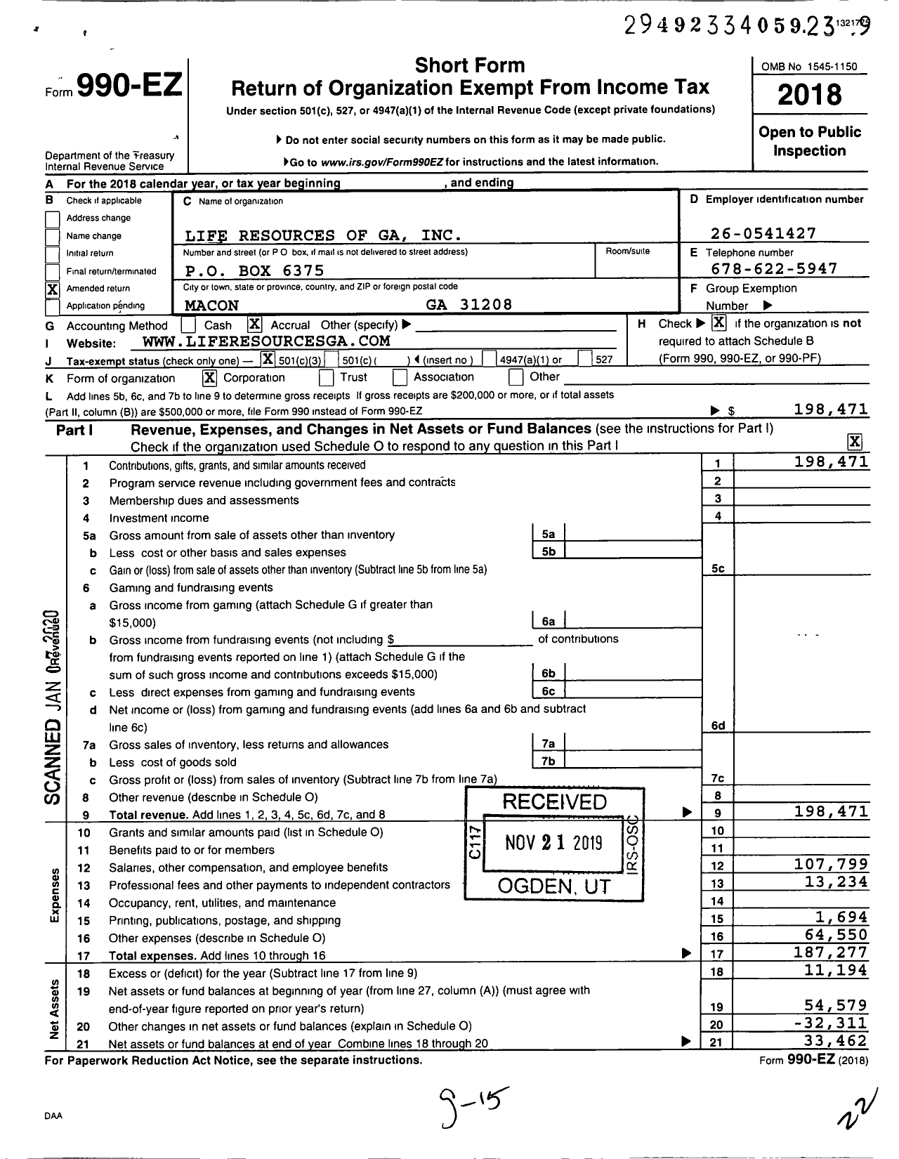 Image of first page of 2018 Form 990EZ for Life Resources of Georgia