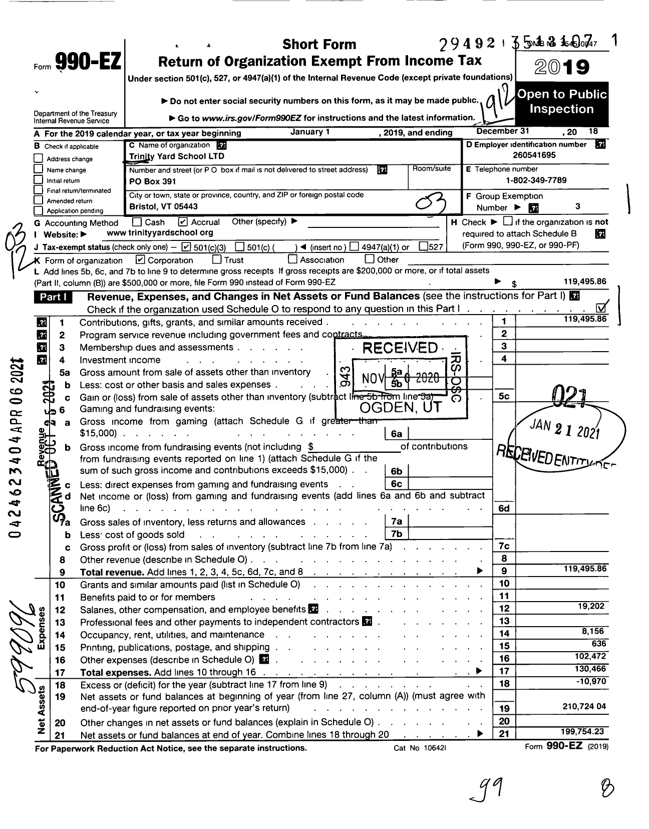 Image of first page of 2019 Form 990EZ for Trinity Yard