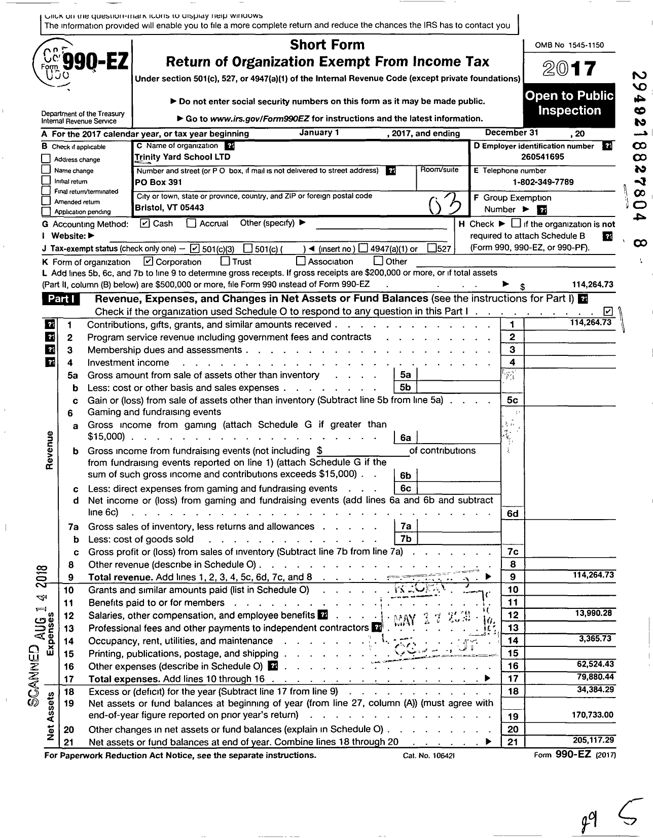 Image of first page of 2017 Form 990EZ for Trinity Yard