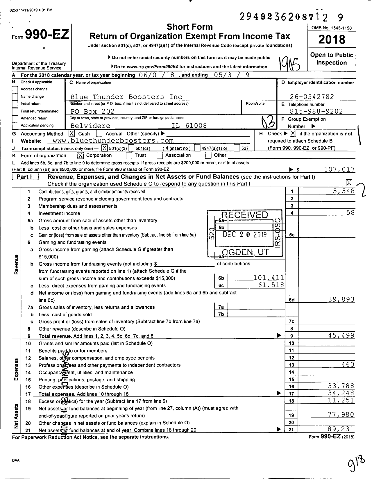 Image of first page of 2018 Form 990EZ for Blue Thunder Boosters