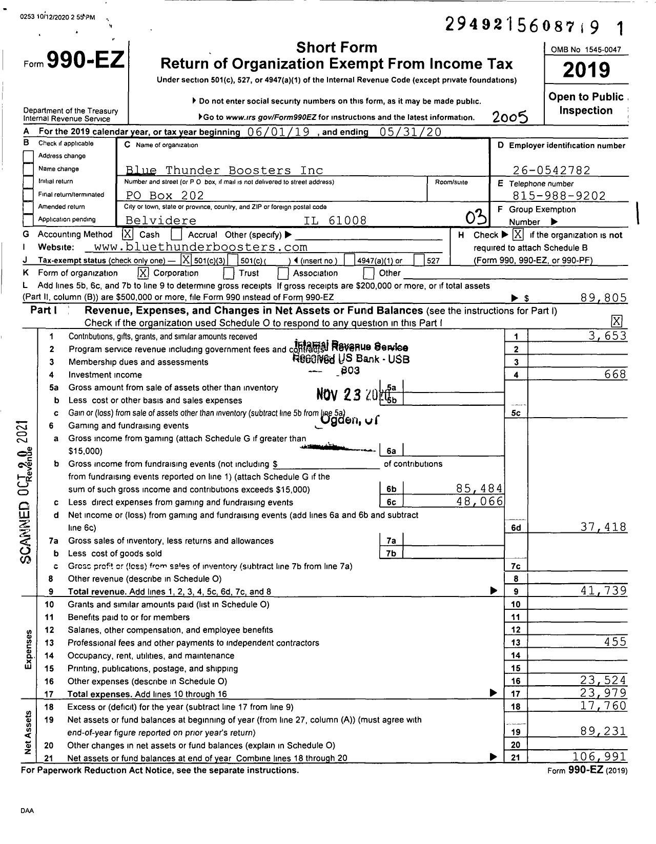 Image of first page of 2019 Form 990EZ for Blue Thunder Boosters