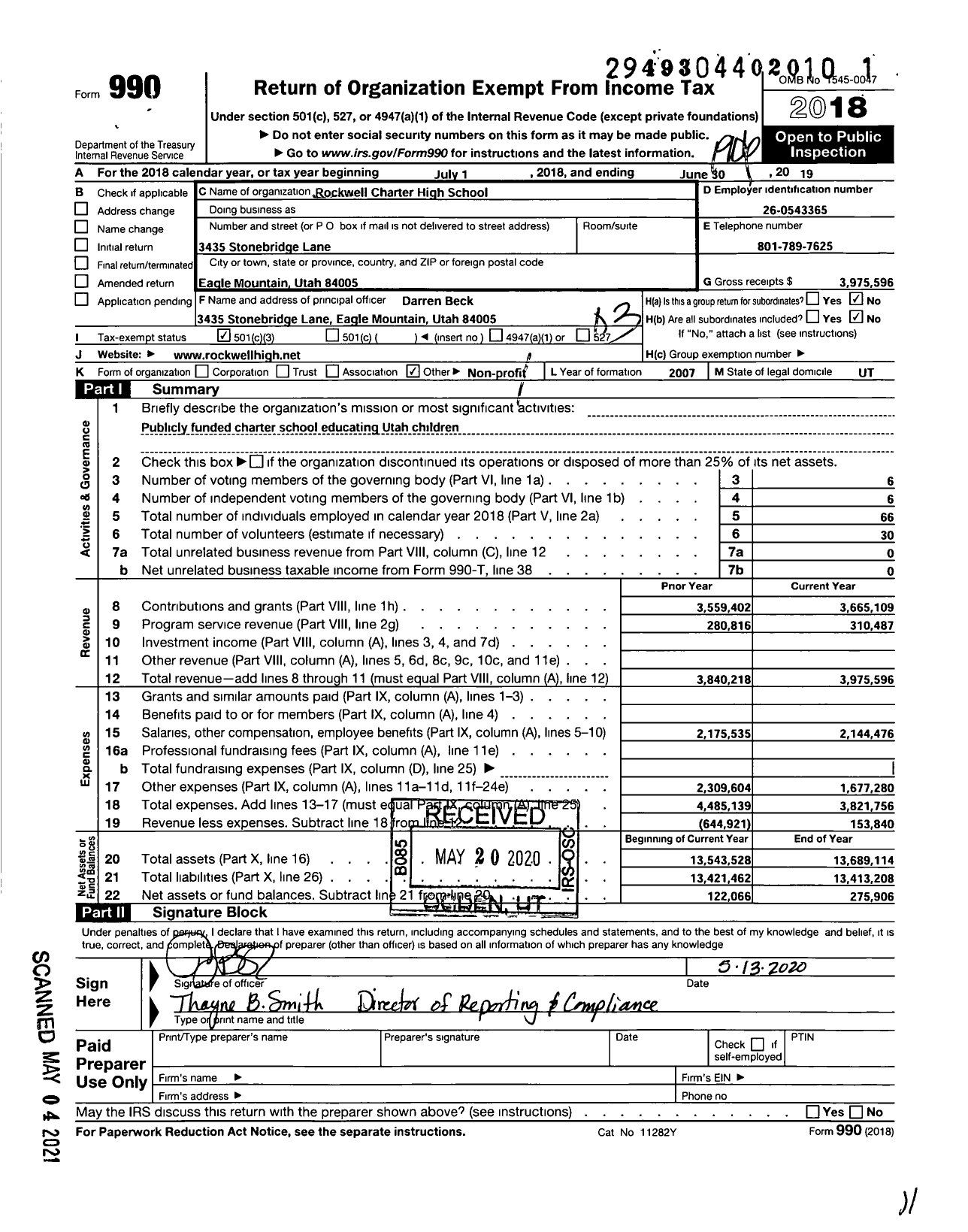 Image of first page of 2018 Form 990 for Rockwell Charter High School