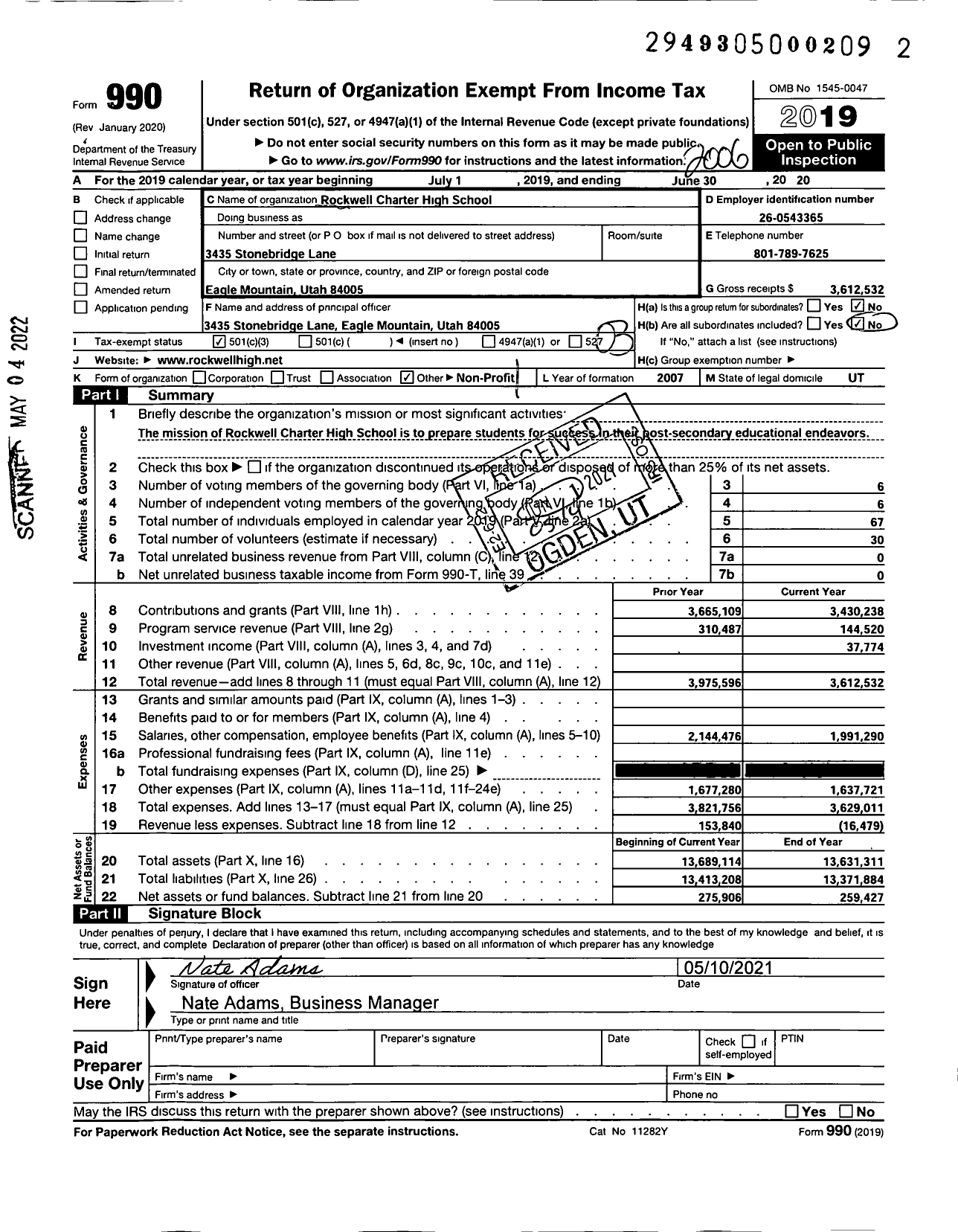 Image of first page of 2019 Form 990 for Rockwell Charter High School