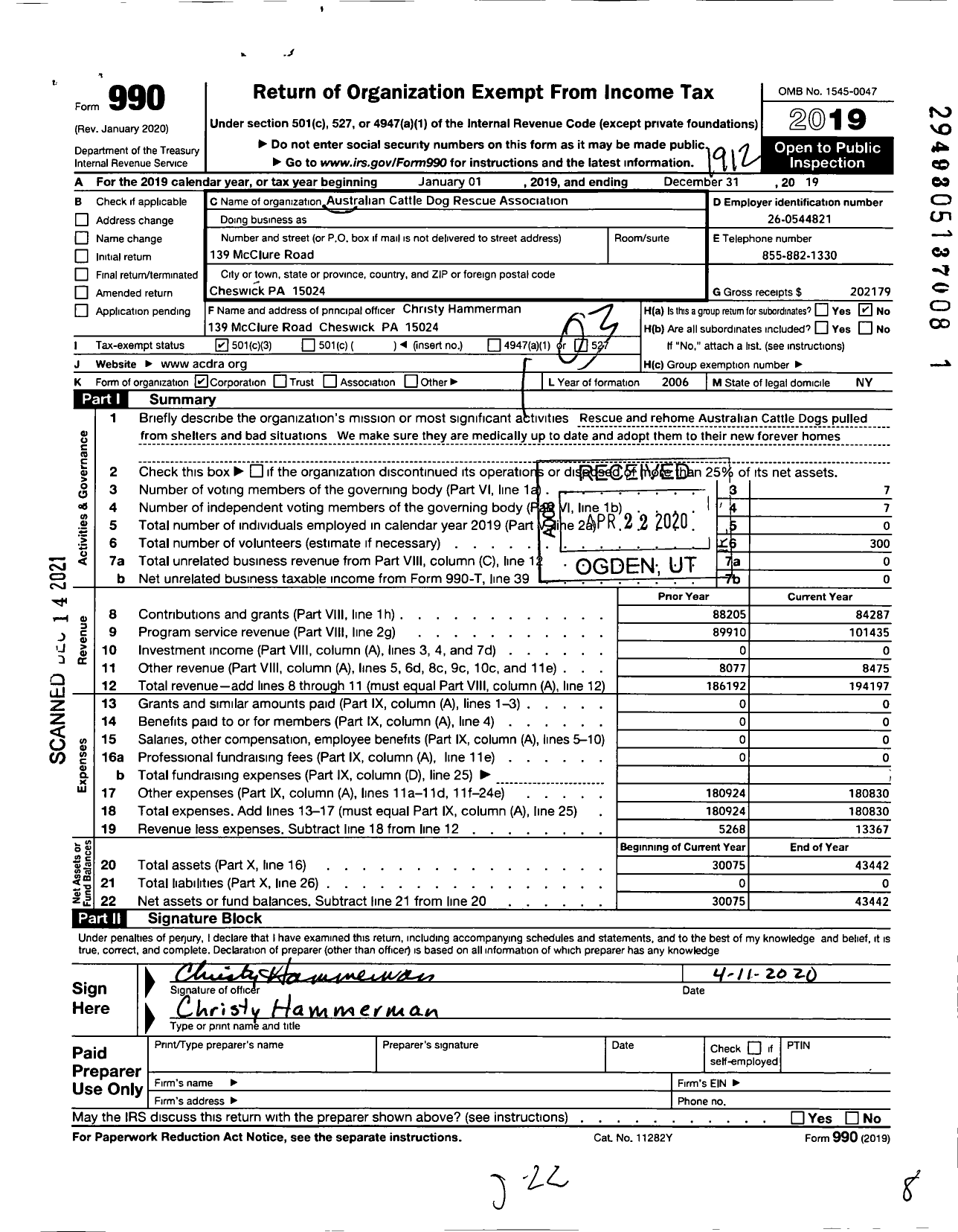 Image of first page of 2019 Form 990 for Australian Cattle Dog Rescueassociation