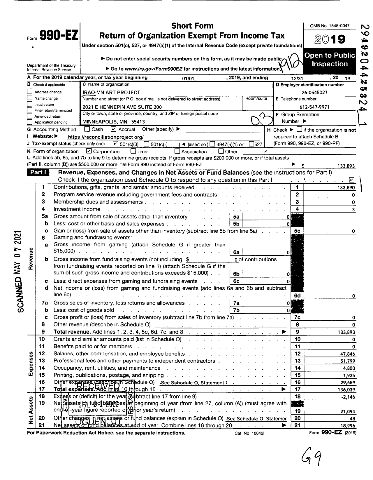 Image of first page of 2019 Form 990EZ for Iraq-Mn Art Project