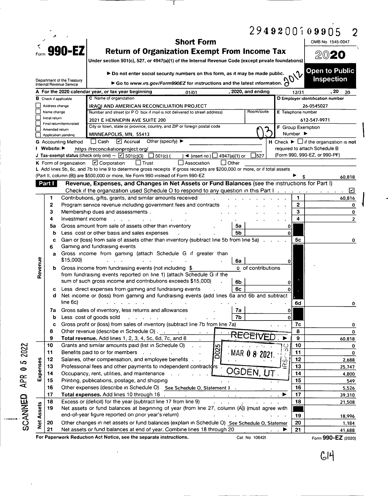 Image of first page of 2020 Form 990EZ for Iraq-Mn Art Project