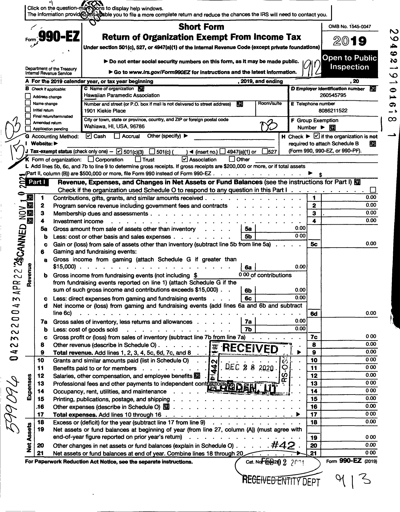 Image of first page of 2019 Form 990EZ for Hawaiian Paramedic Association