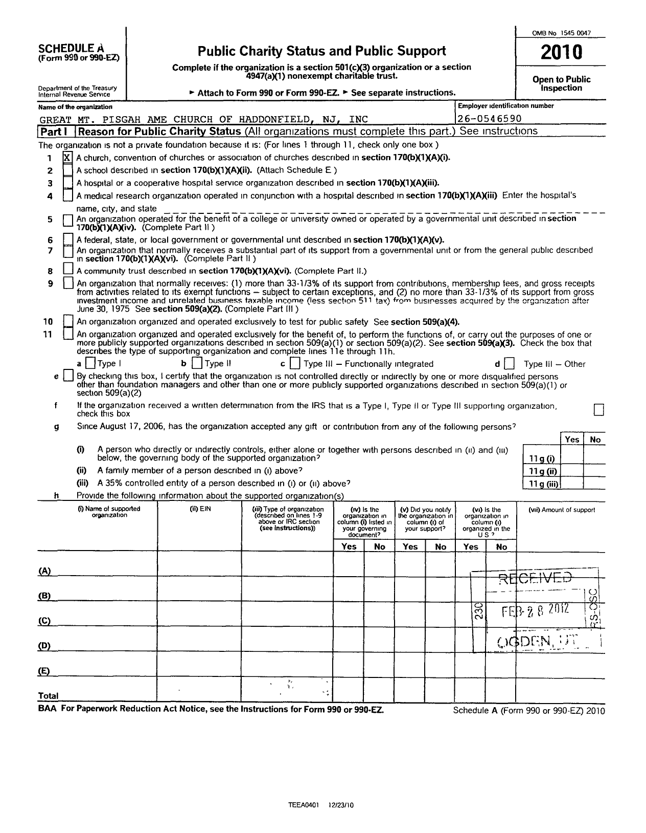 Image of first page of 2010 Form 990R for Greater MT Pisgah Church of Haddonfield