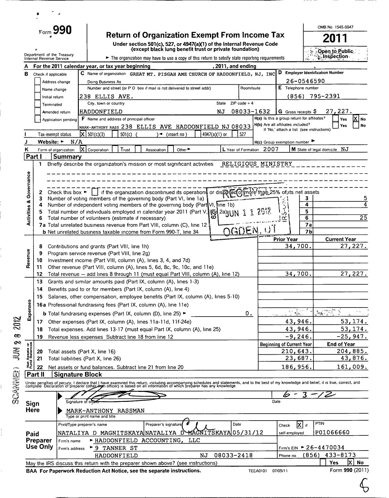 Image of first page of 2011 Form 990 for Greater MT Pisgah Church of Haddonfield