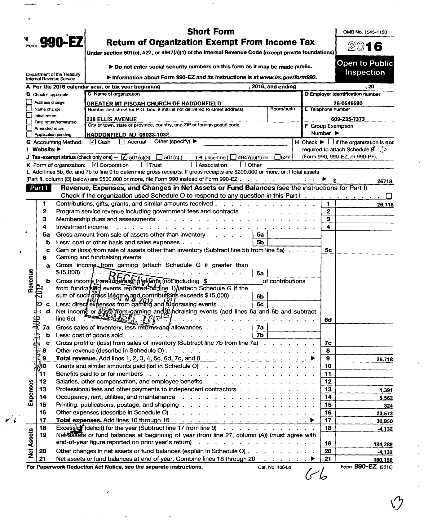 Image of first page of 2016 Form 990EZ for Greater MT Pisgah Church of Haddonfield