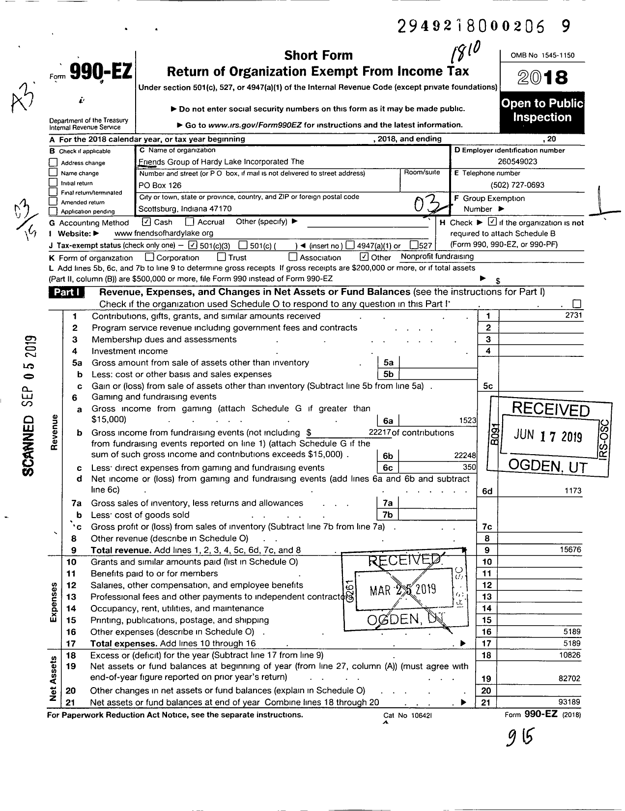 Image of first page of 2017 Form 990EZ for Friends Group of Hardy Lake