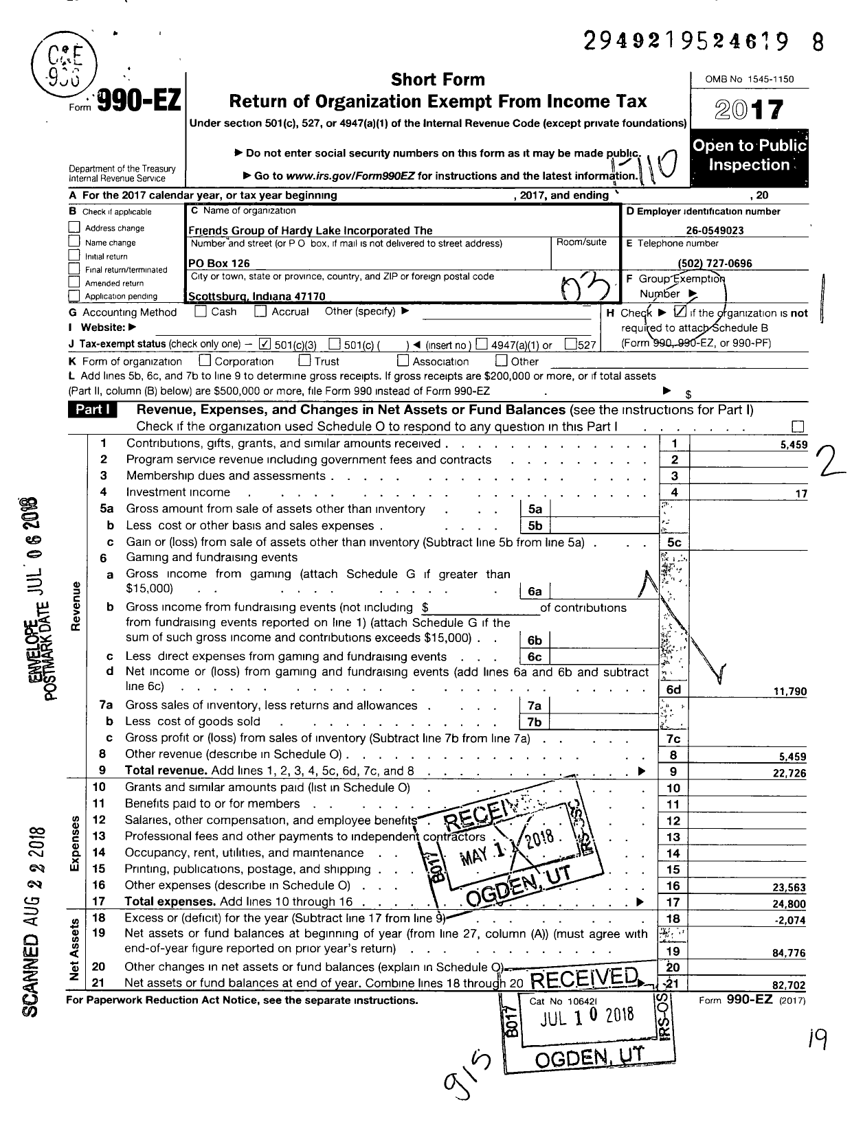 Image of first page of 2016 Form 990EZ for Friends Group of Hardy Lake