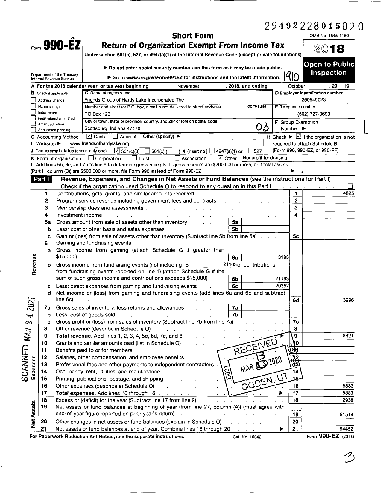 Image of first page of 2018 Form 990EZ for Friends Group of Hardy Lake