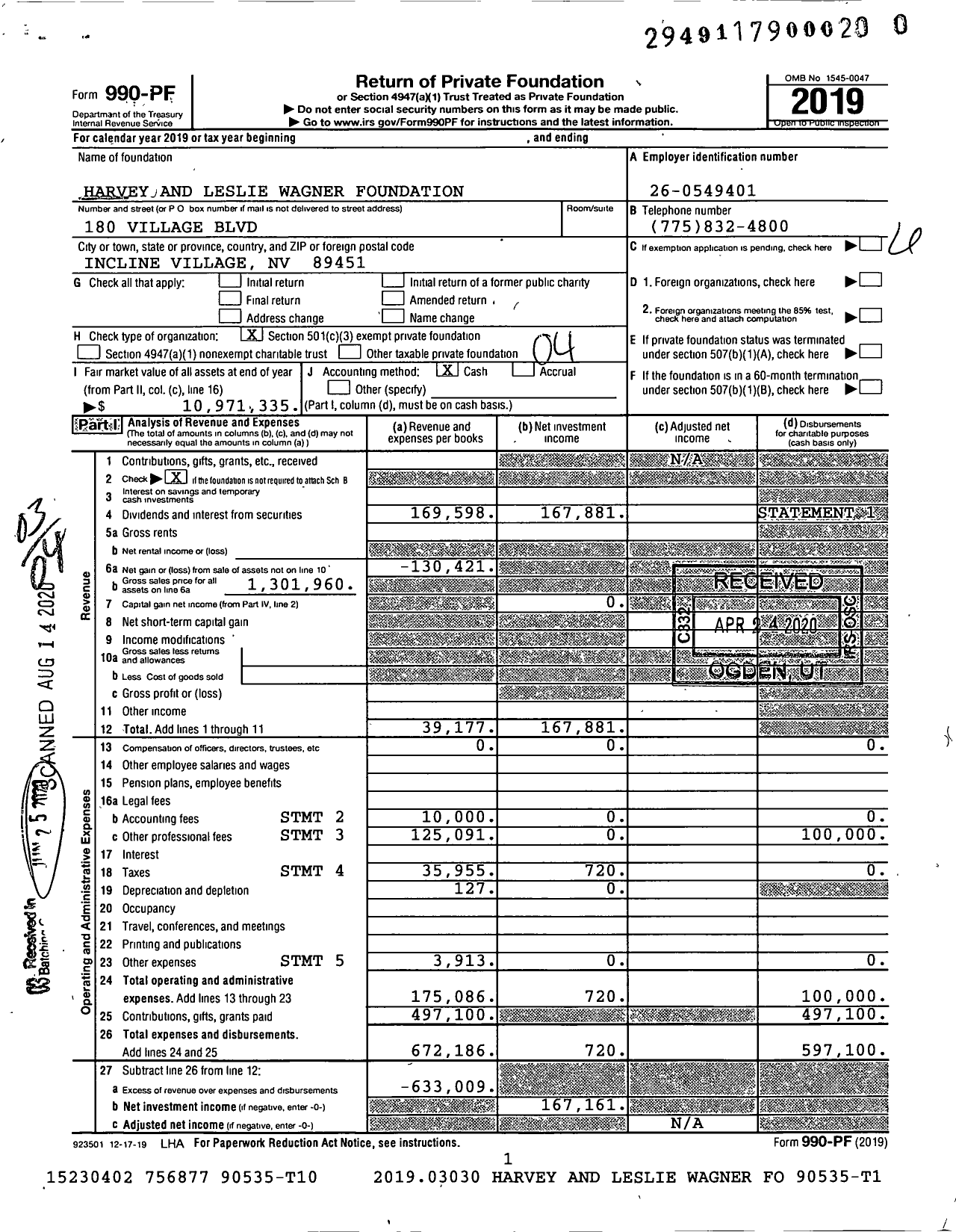 Image of first page of 2019 Form 990PR for Harvey and Leslie Wagner Foundation