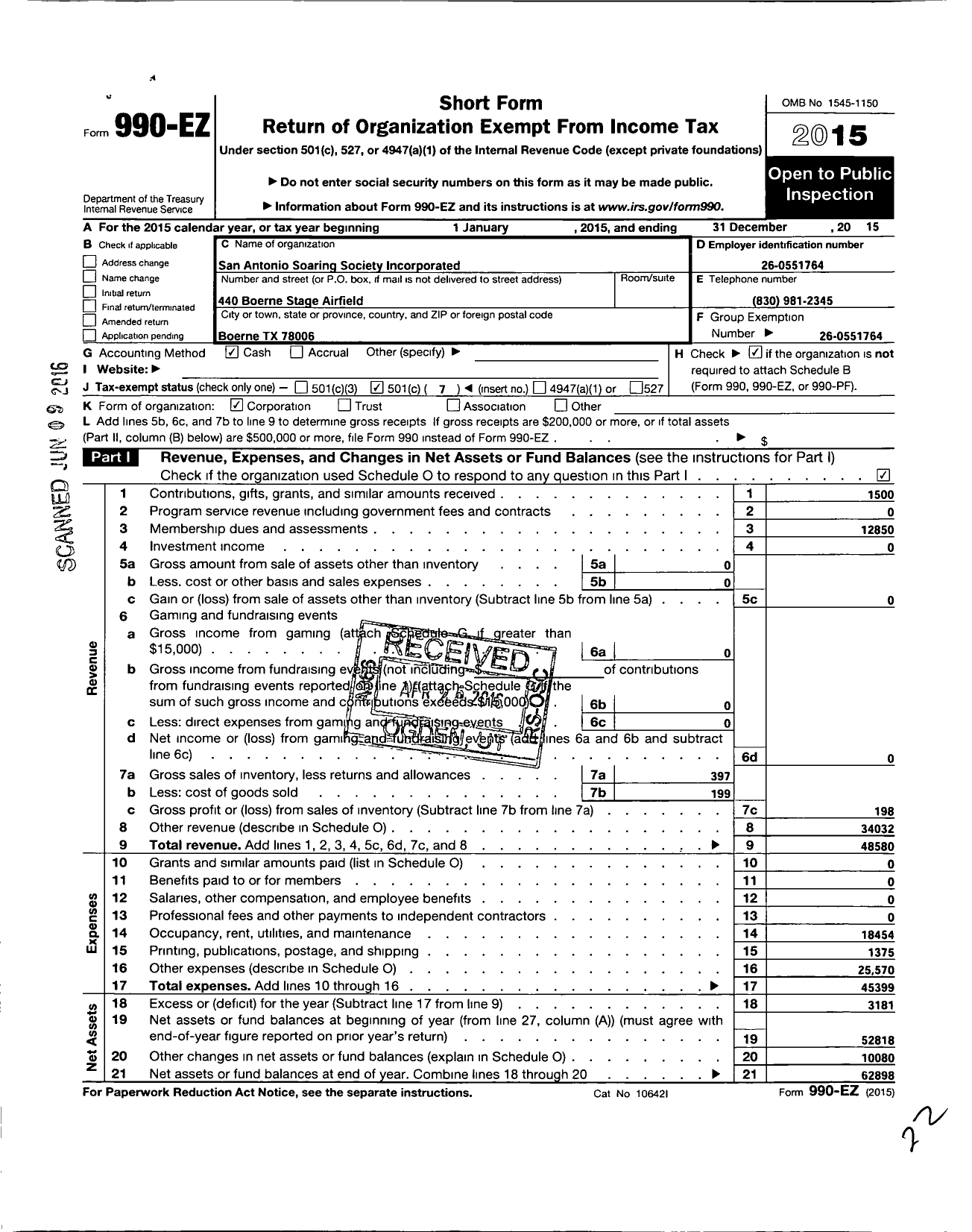 Image of first page of 2015 Form 990EO for San Antonio Soaring Society Incorporated