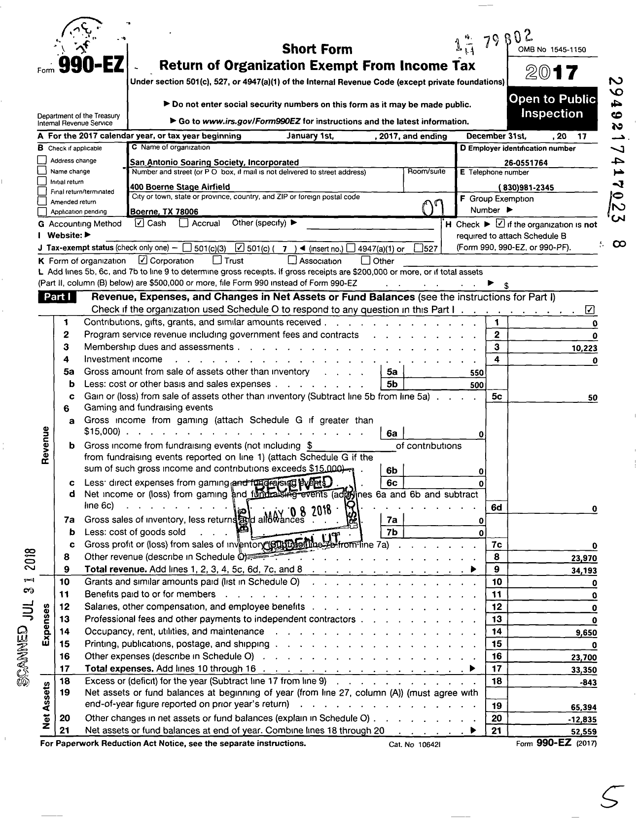 Image of first page of 2017 Form 990EO for San Antonio Soaring Society Incorporated