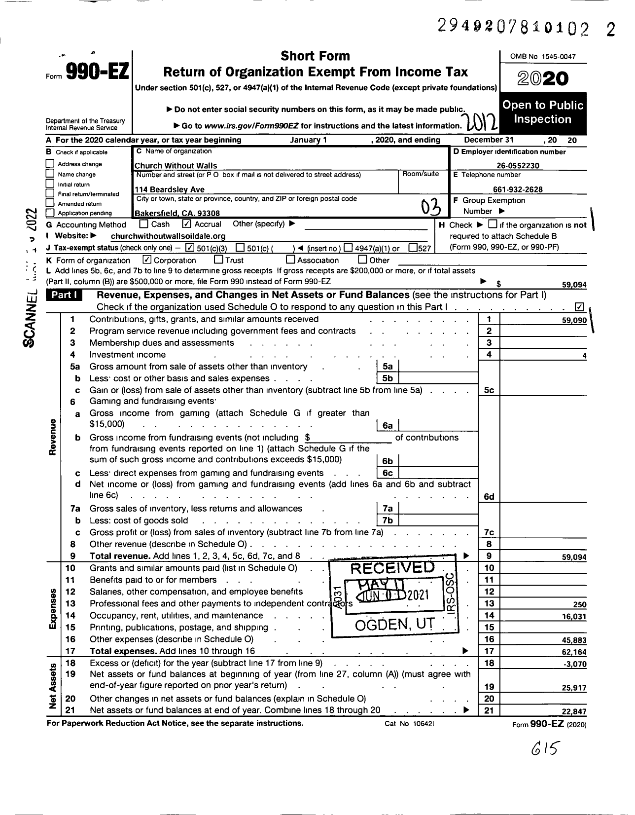 Image of first page of 2020 Form 990EZ for Church Without Walls