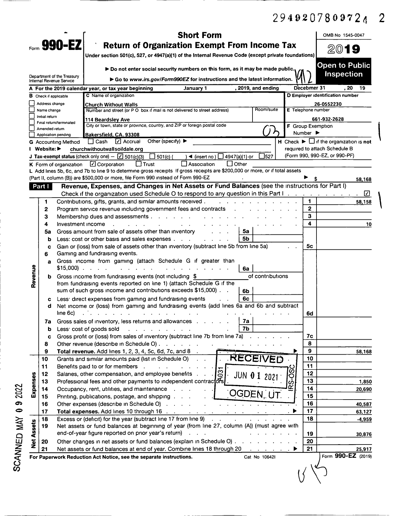 Image of first page of 2019 Form 990EZ for Church Without Walls