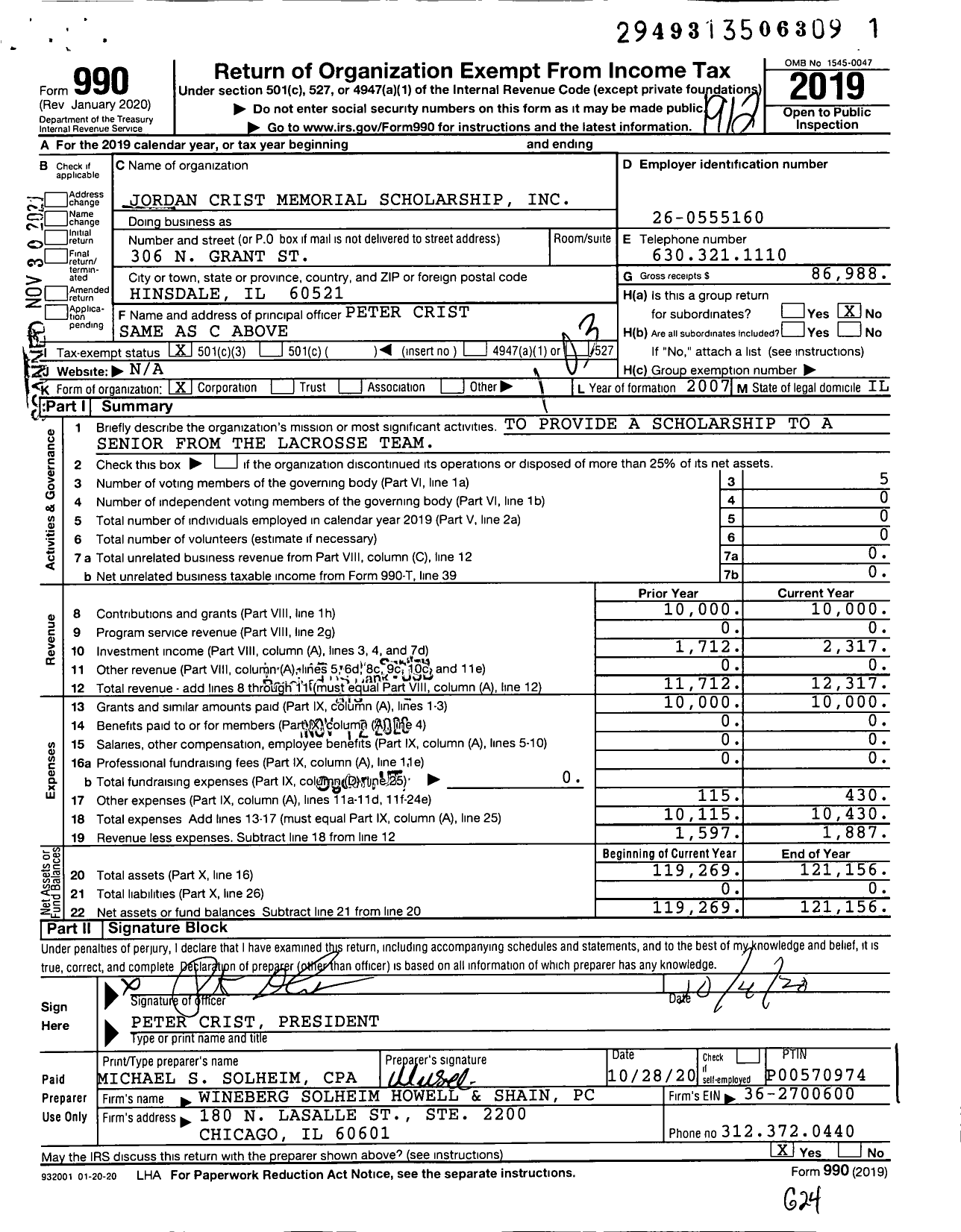 Image of first page of 2019 Form 990 for Jordan Crist Memorial Scholarship