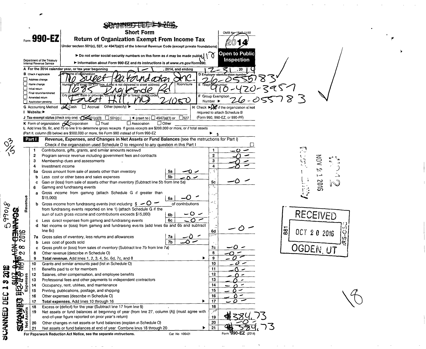 Image of first page of 2014 Form 990EZ for Sweet Pea Foundation