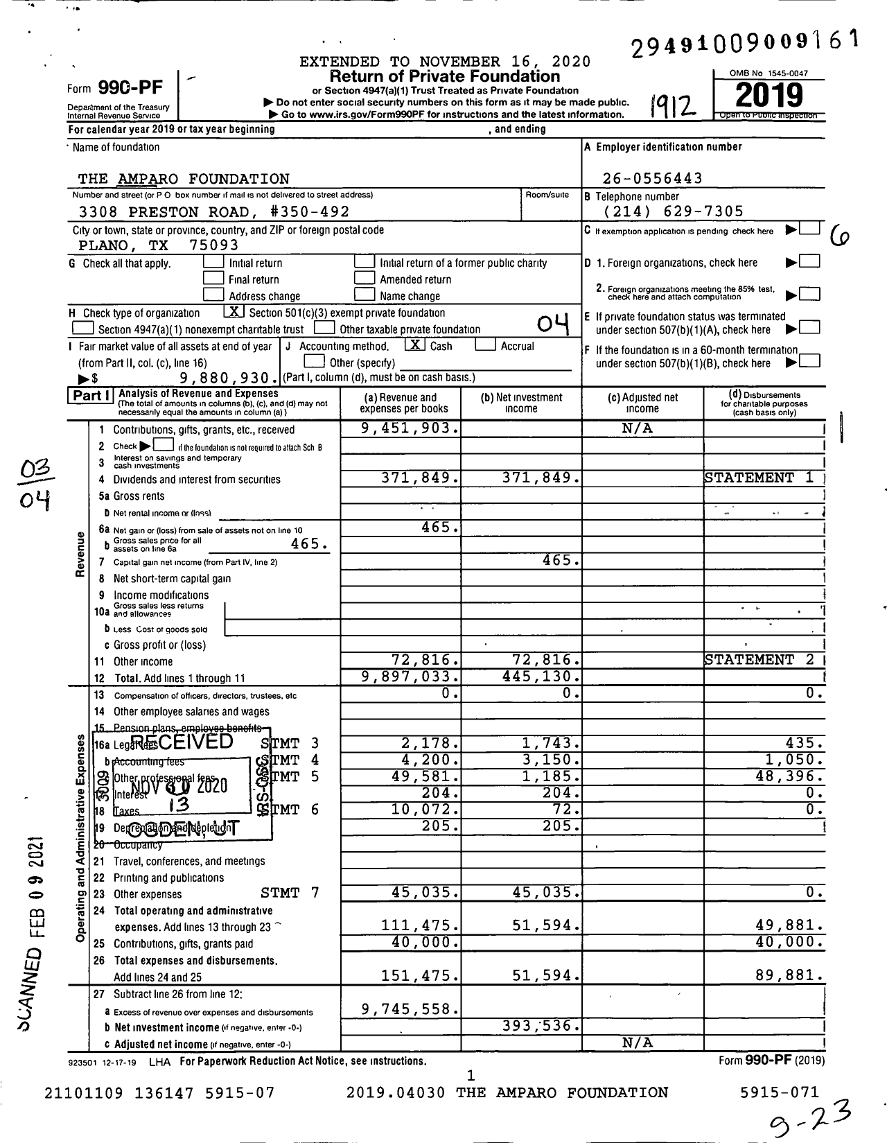 Image of first page of 2019 Form 990PF for The Amparo Foundation