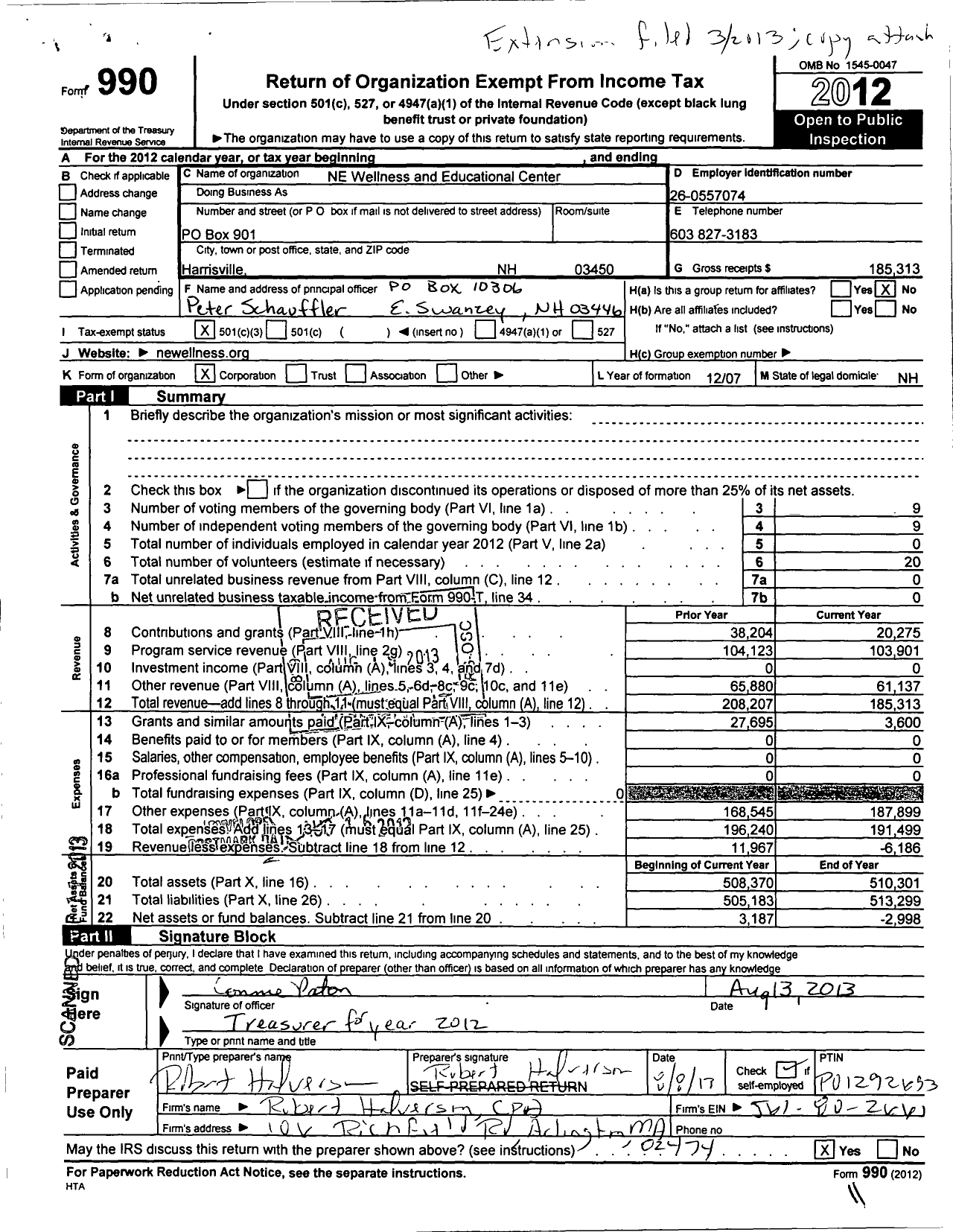 Image of first page of 2012 Form 990 for New England Wellness and Educational Center