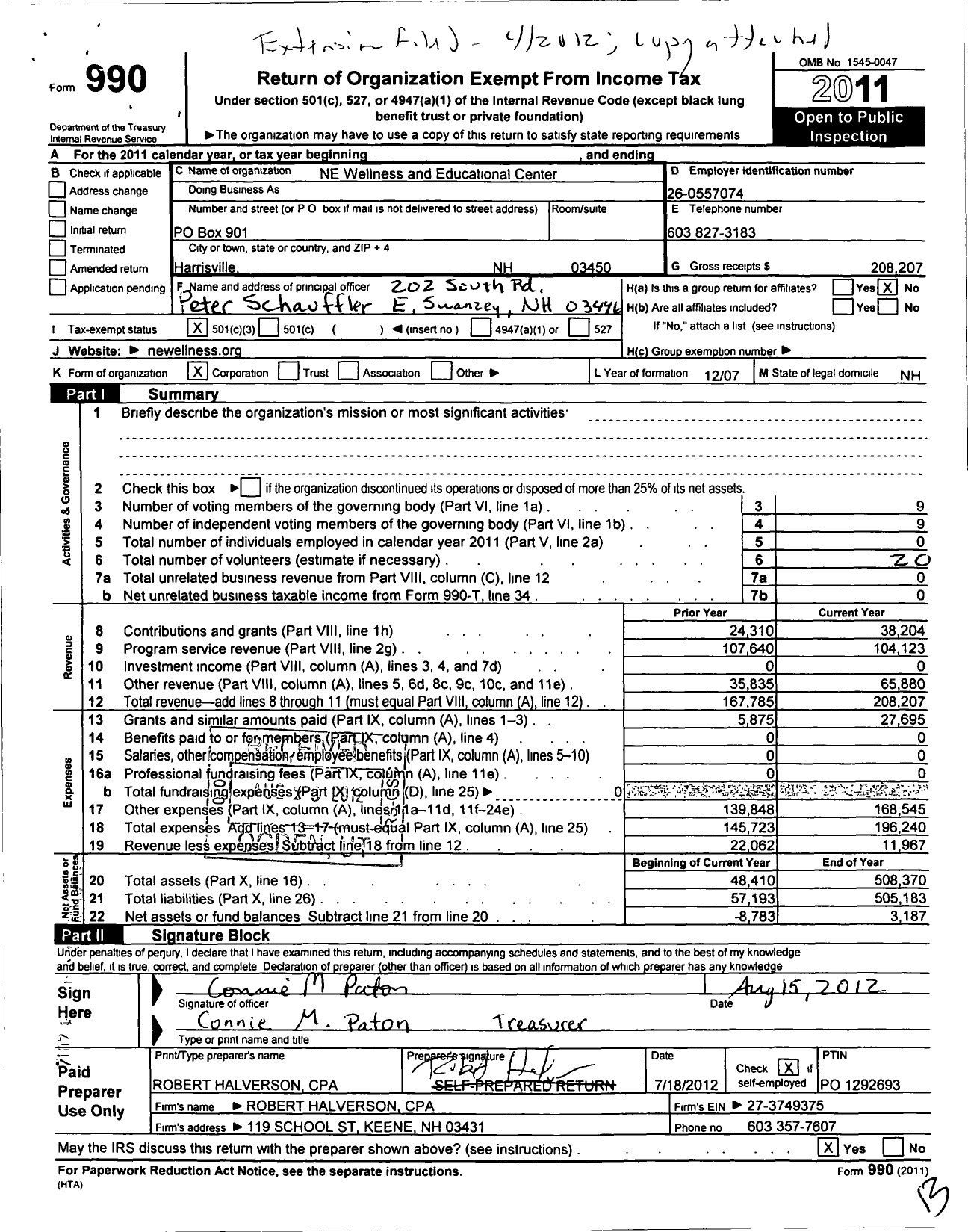 Image of first page of 2011 Form 990 for New England Wellness and Educational Center