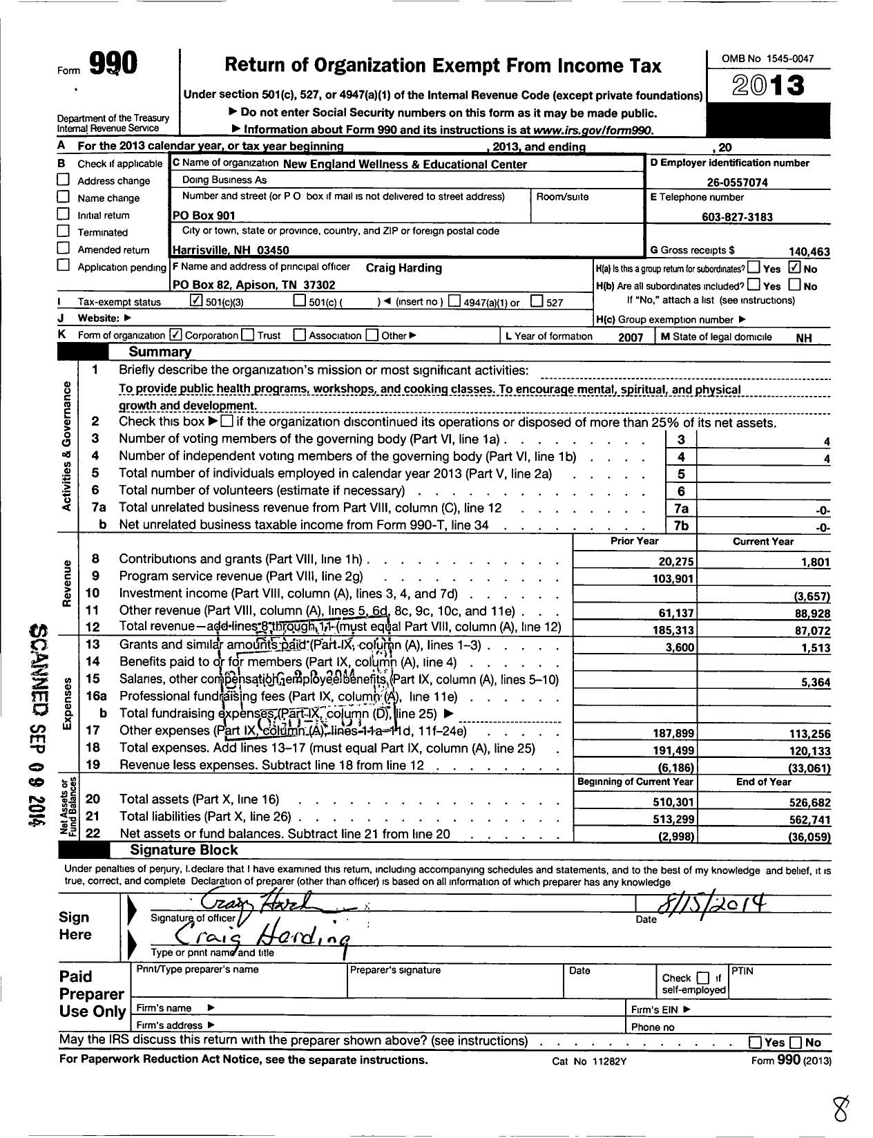 Image of first page of 2013 Form 990 for New England Wellness and Educational Center