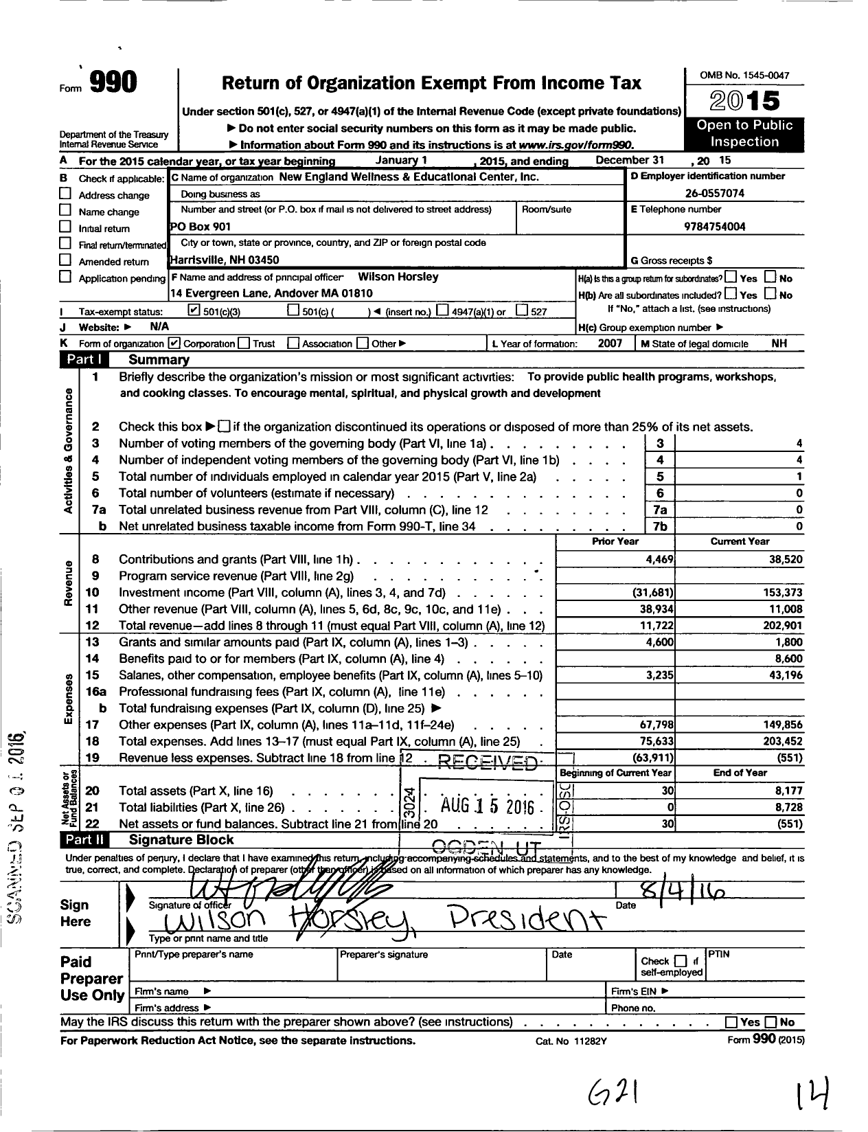 Image of first page of 2015 Form 990 for New England Wellness and Educational Center