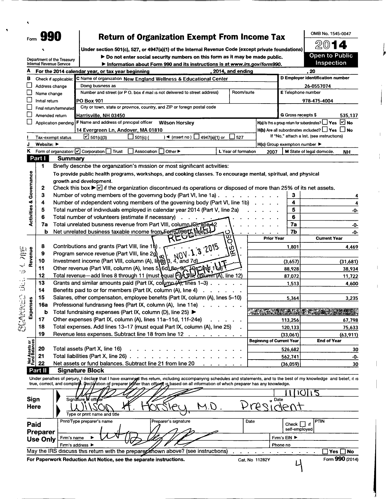 Image of first page of 2014 Form 990 for New England Wellness and Educational Center