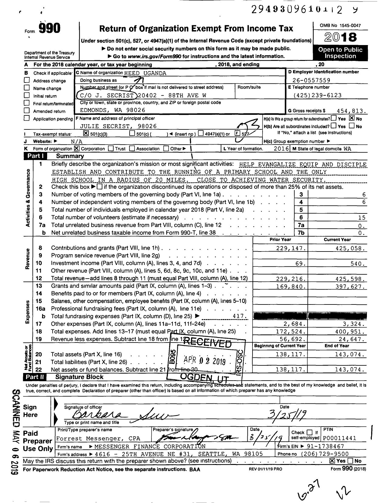 Image of first page of 2018 Form 990 for Heed Uganda