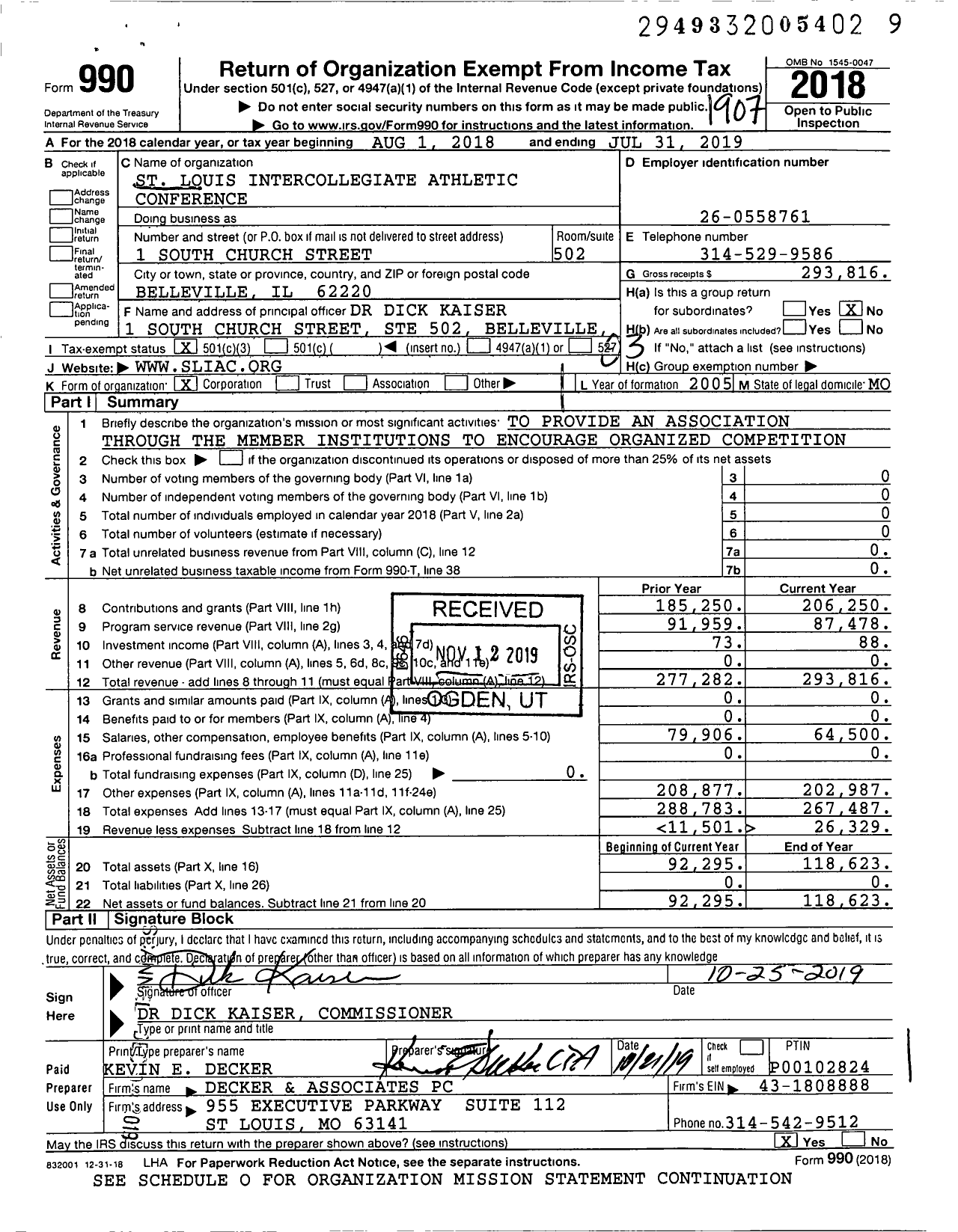 Image of first page of 2018 Form 990 for St Louis Intercollegiate Athletic Conference