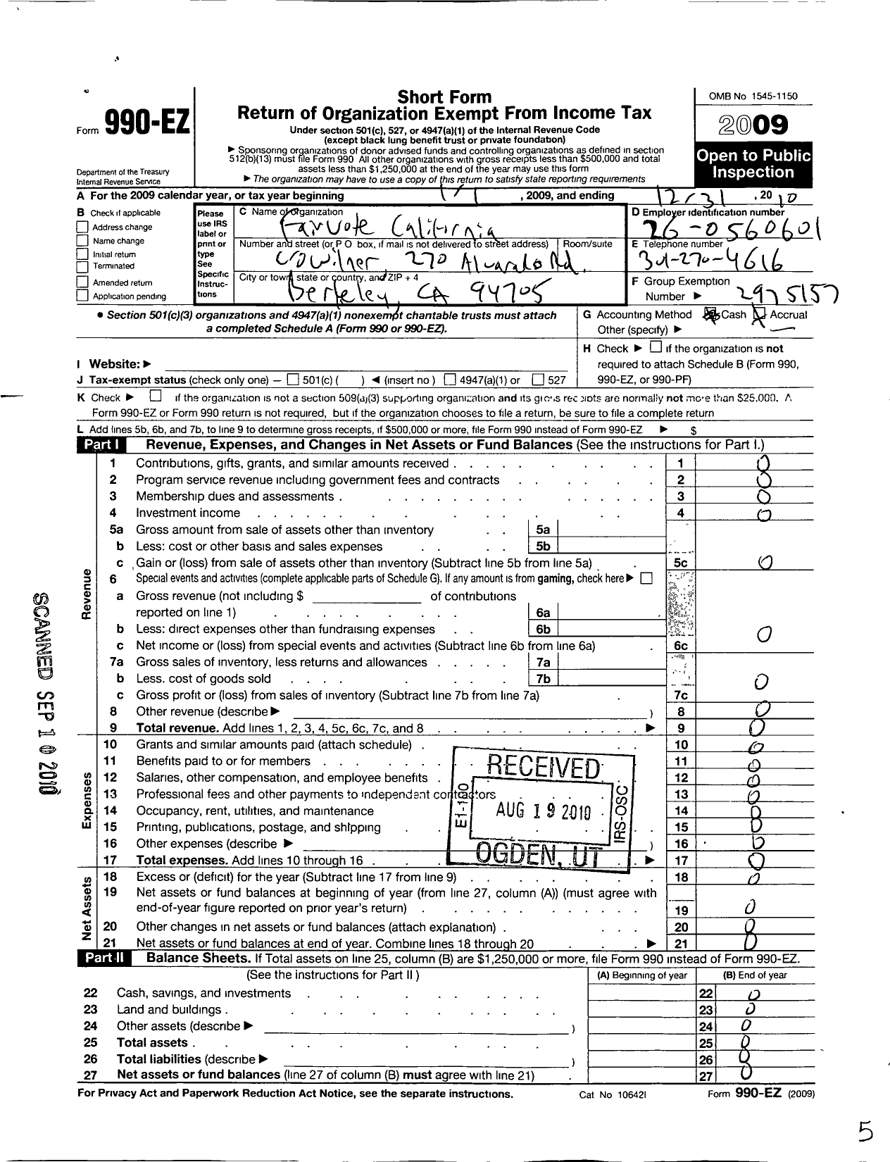 Image of first page of 2010 Form 990EO for California Rcv Institute