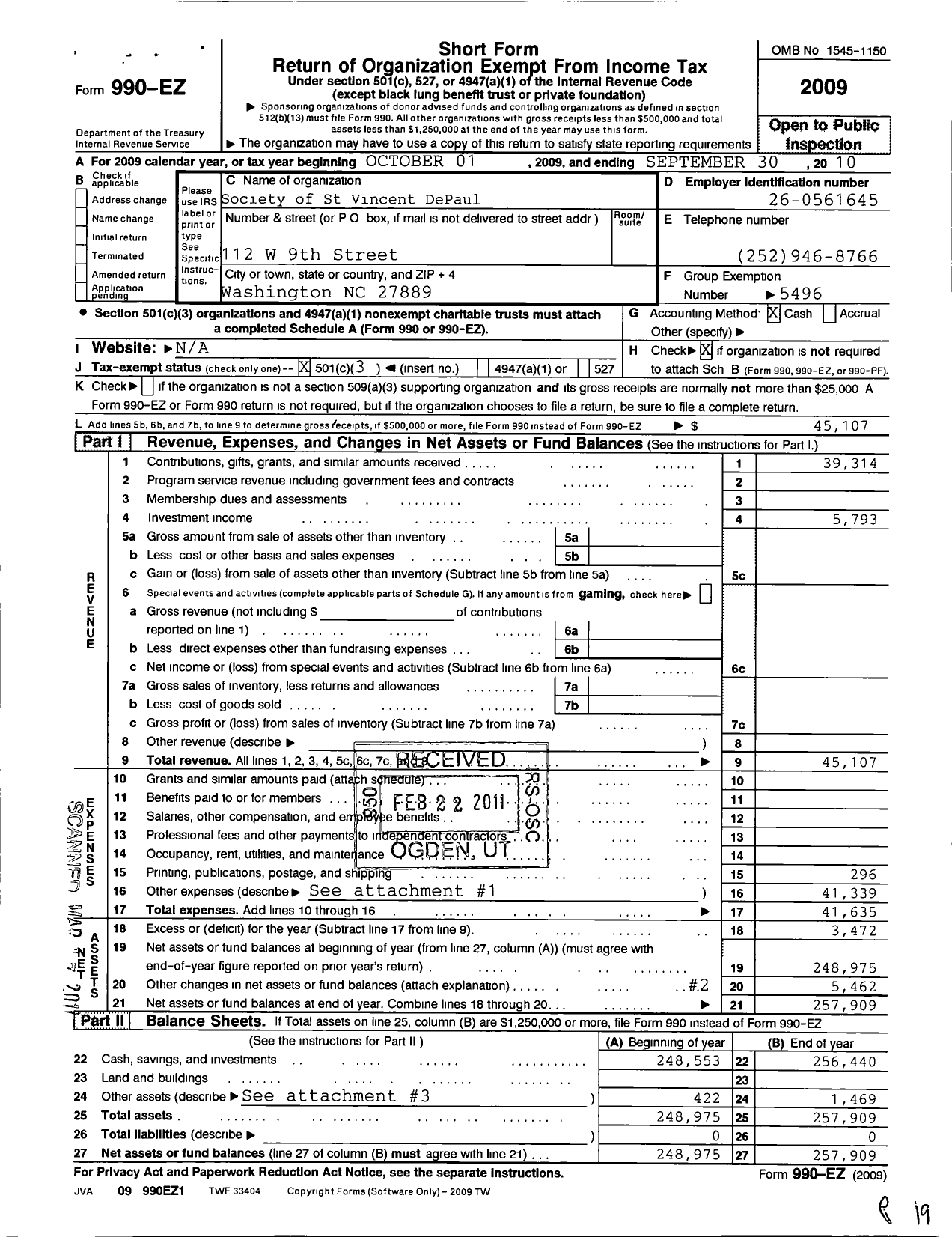 Image of first page of 2009 Form 990EZ for Mother of Mercy Washington NC