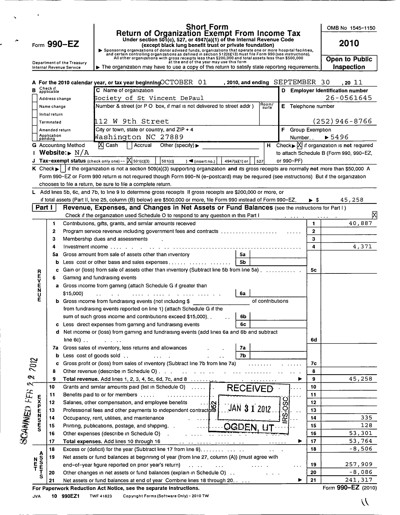 Image of first page of 2010 Form 990EZ for Mother of Mercy Washington NC