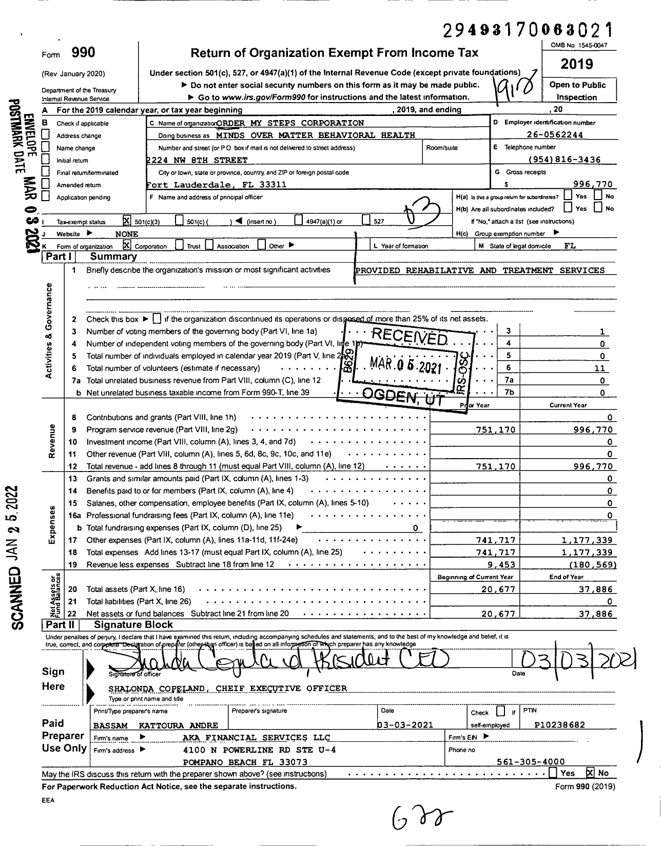 Image of first page of 2019 Form 990 for Order My Steps Corporation