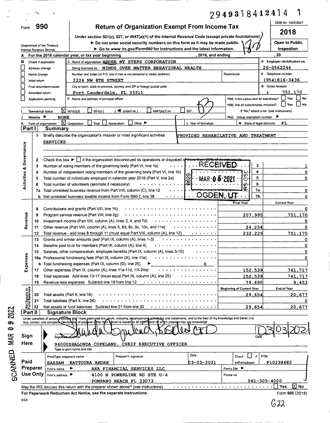 Image of first page of 2018 Form 990 for Order My Steps Corporation