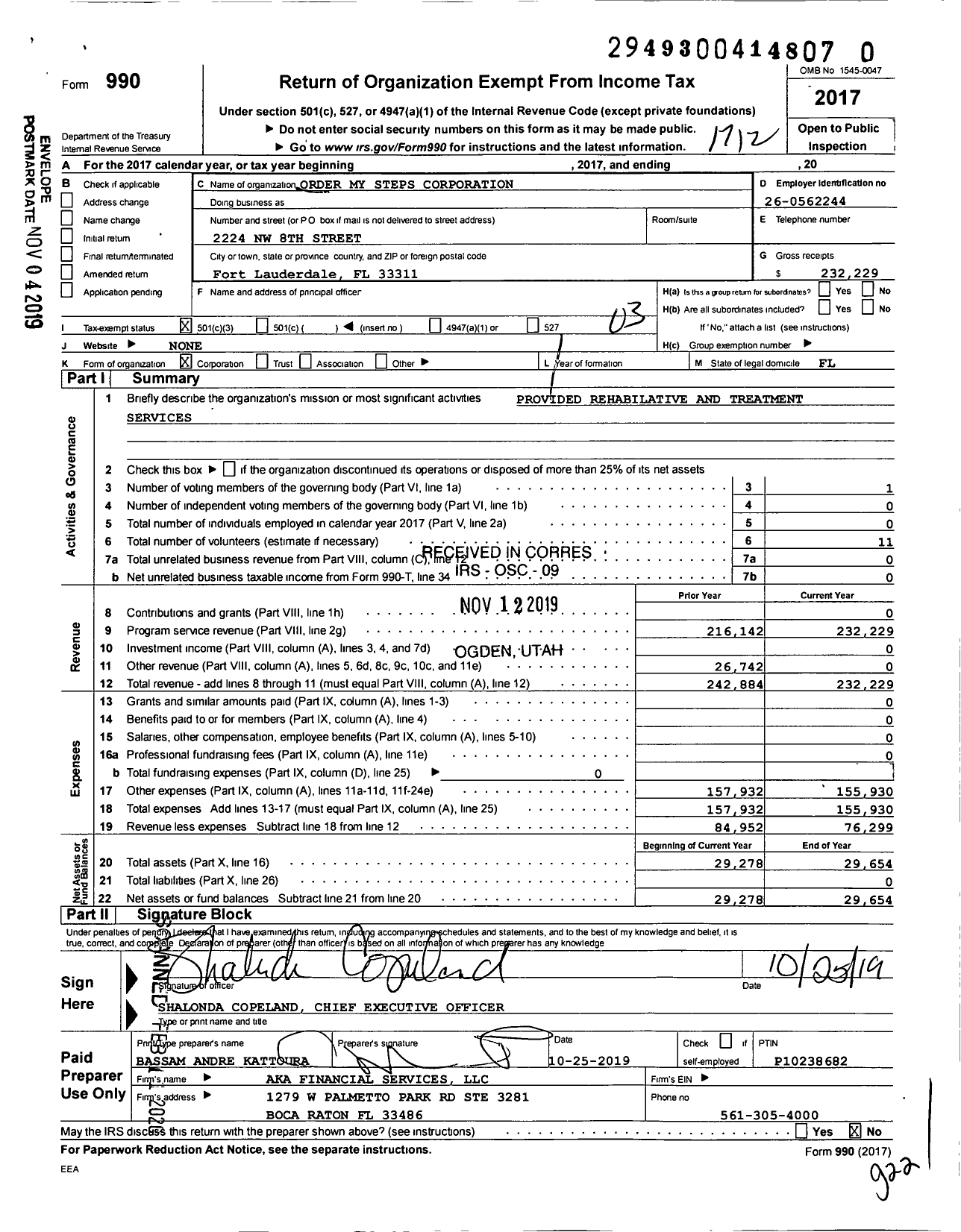 Image of first page of 2017 Form 990 for Order My Steps Corporation