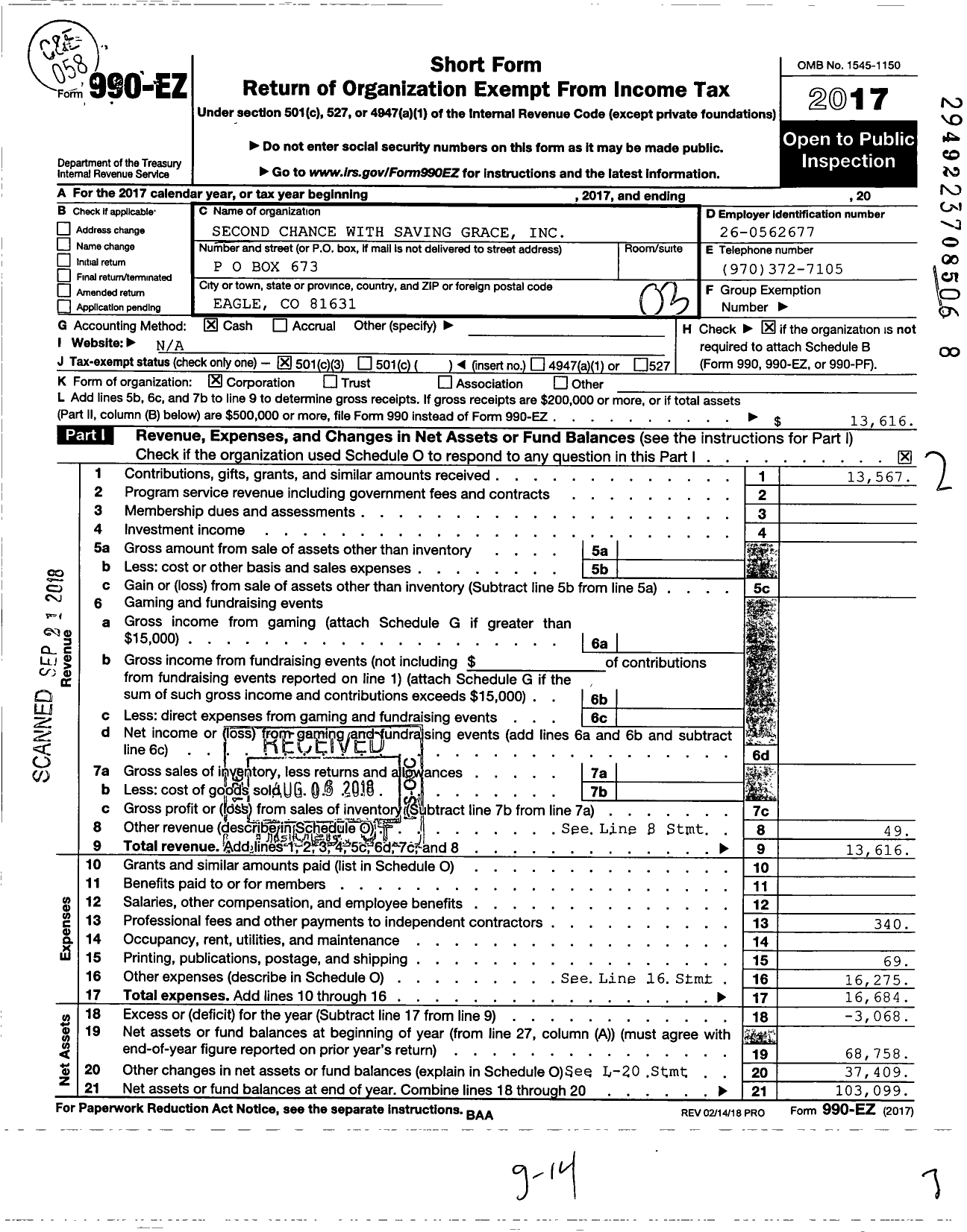 Image of first page of 2017 Form 990EZ for Second Chance with Saving Grace