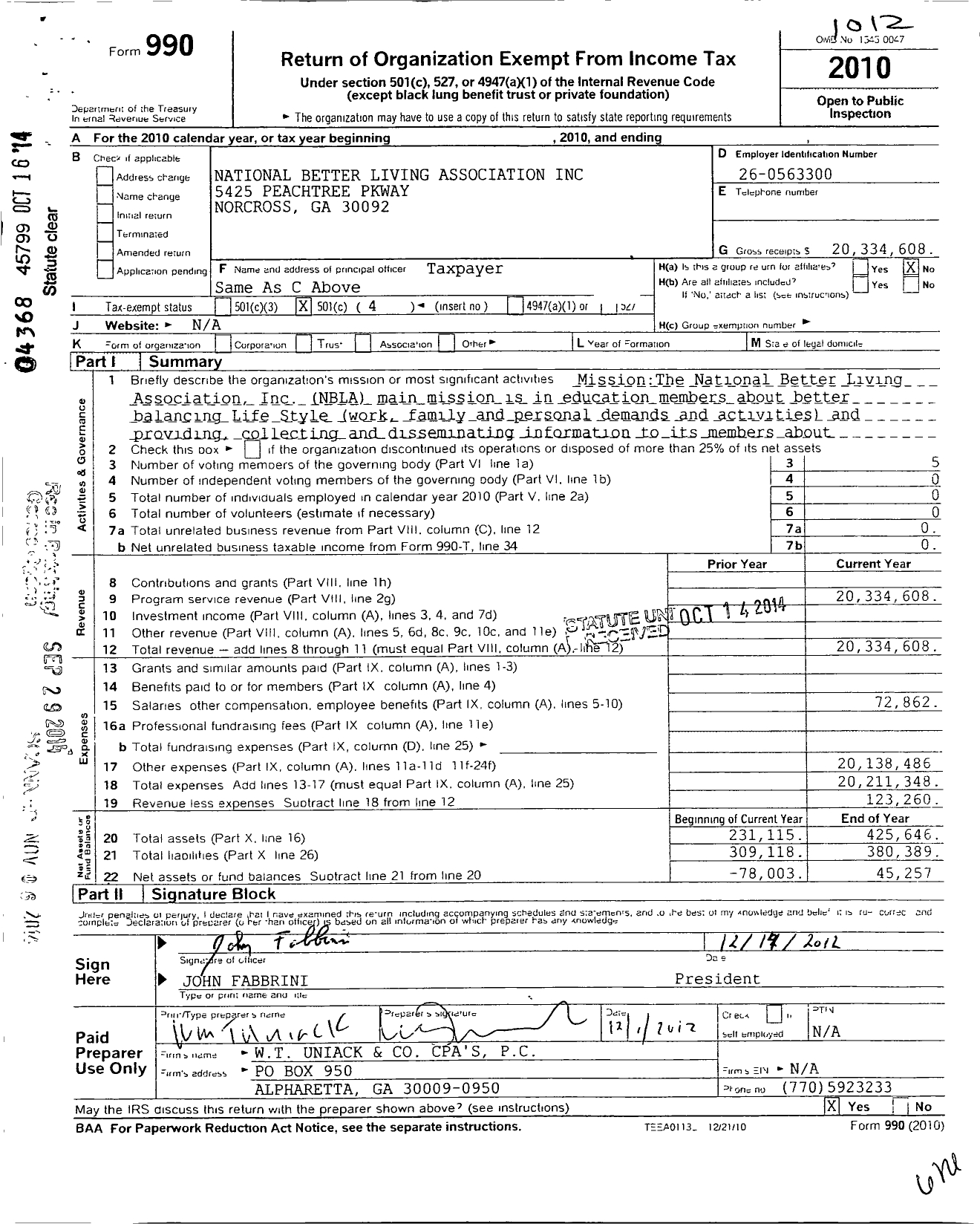 Image of first page of 2010 Form 990O for National Better Living Association