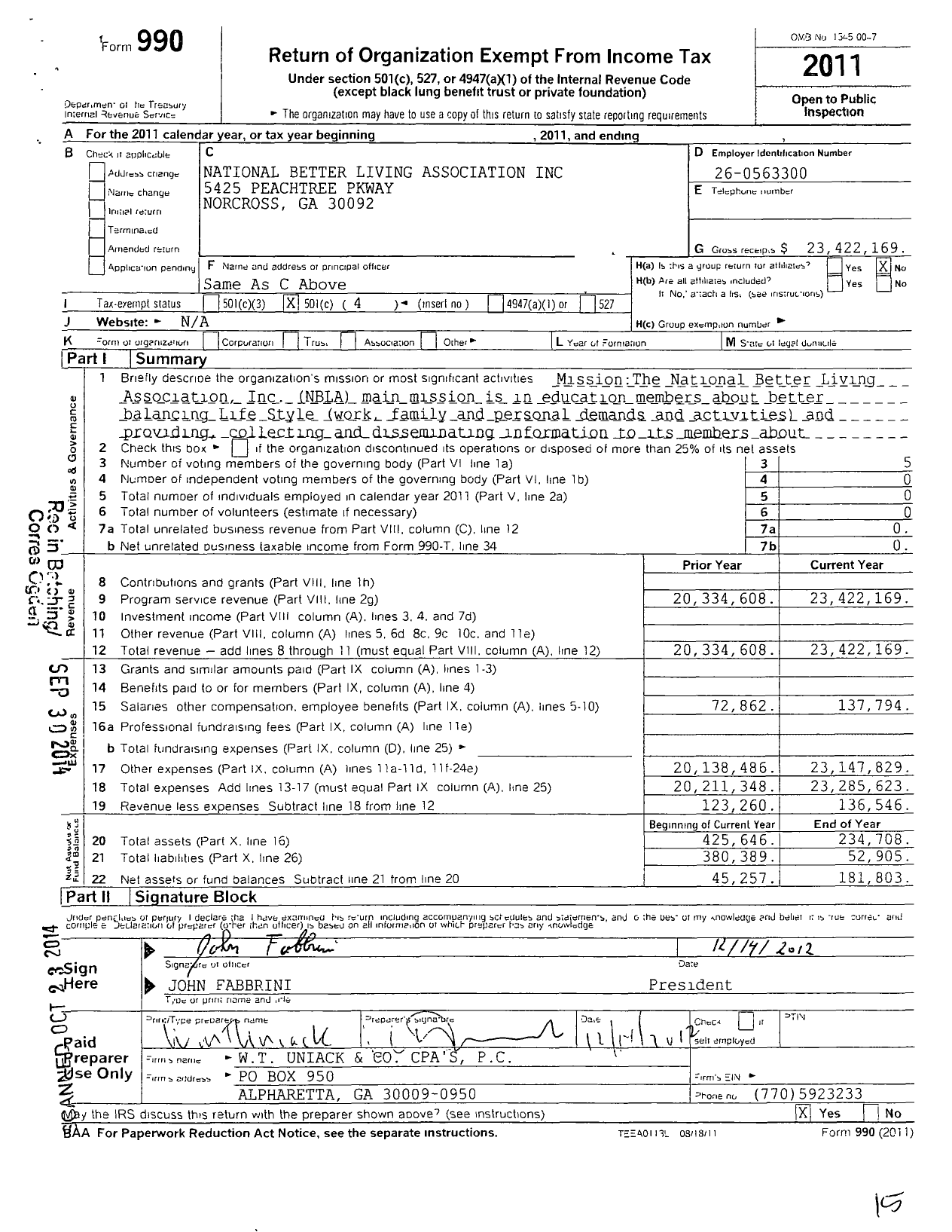 Image of first page of 2011 Form 990O for National Better Living Association