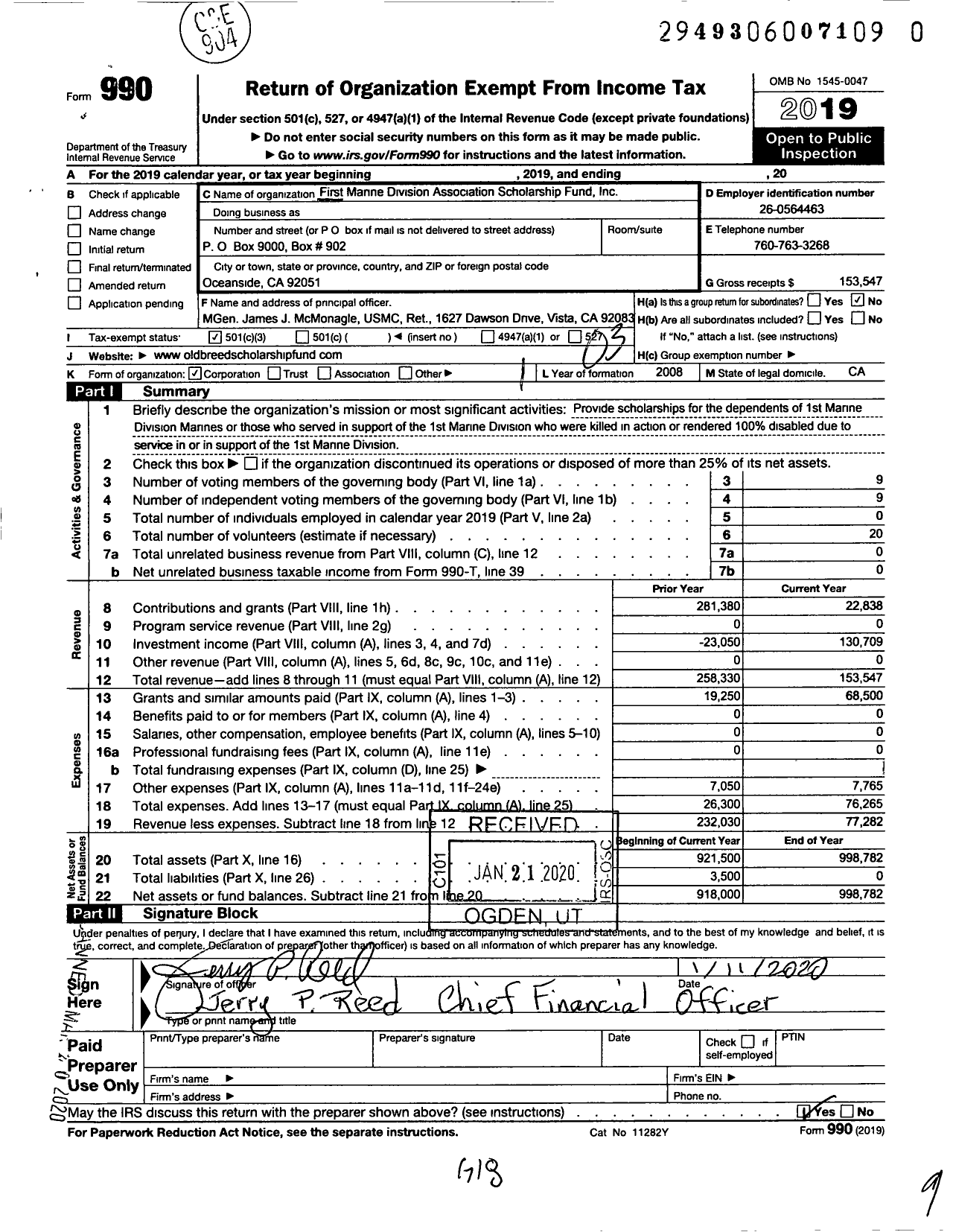 Image of first page of 2019 Form 990 for First Marine Division Associationscholarship Fund