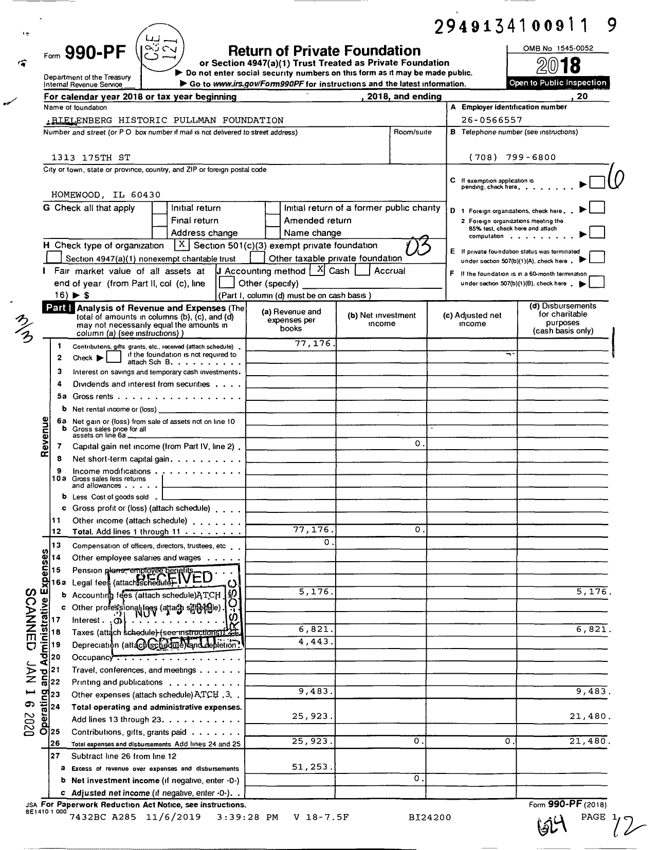 Image of first page of 2018 Form 990PF for Bielenberg Historic Pullman Foundation